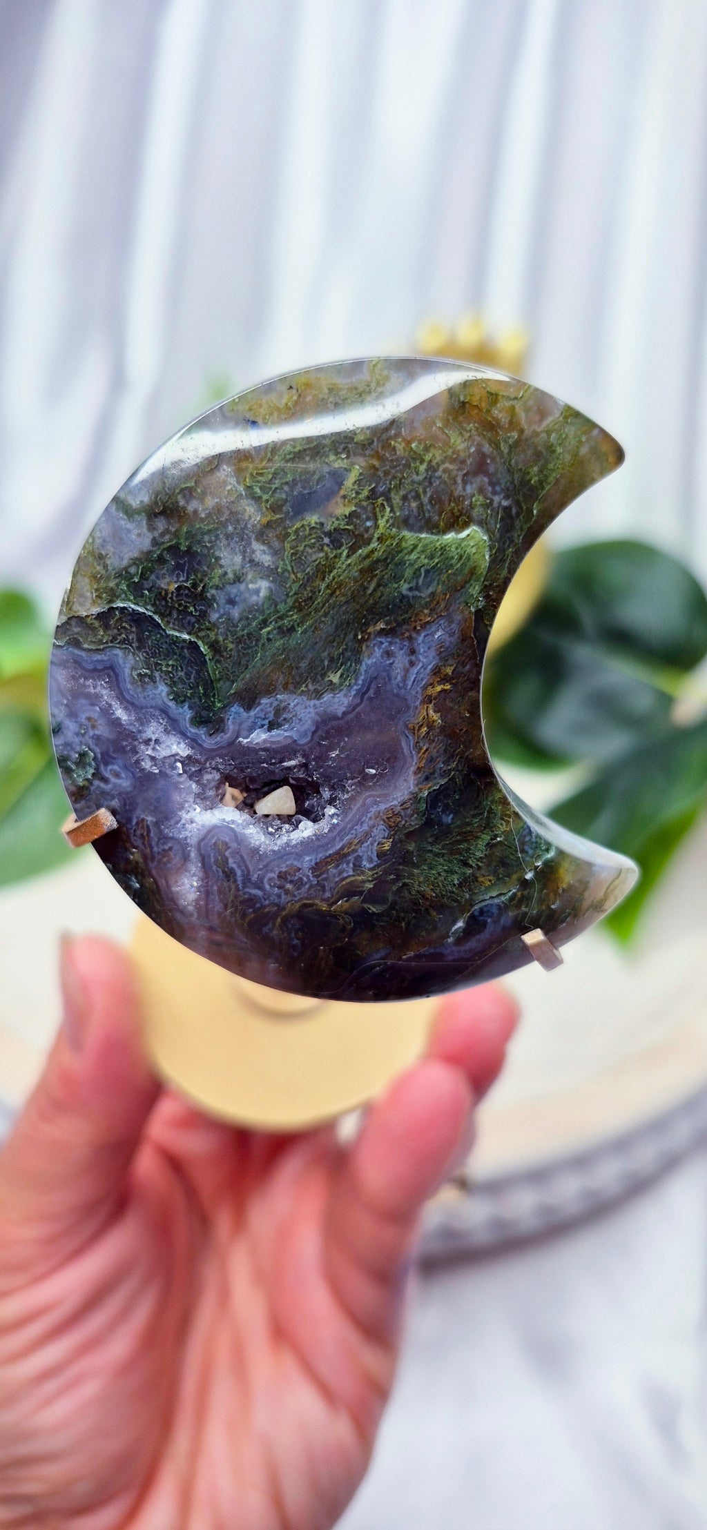 Sugar Druzy Moss Agate Moon carving on Stand  #C