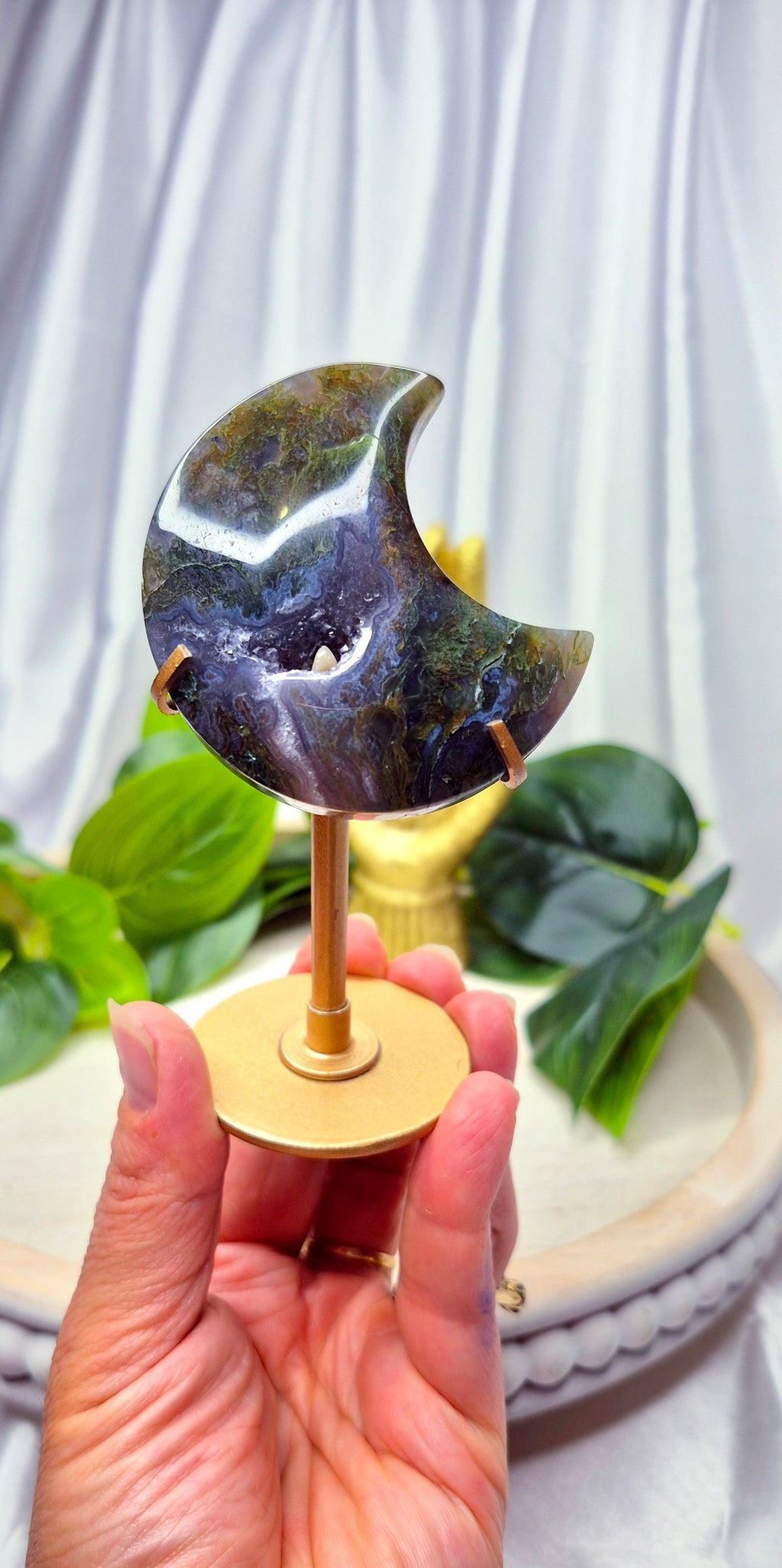 Sugar Druzy Moss Agate Moon carving on Stand  #C