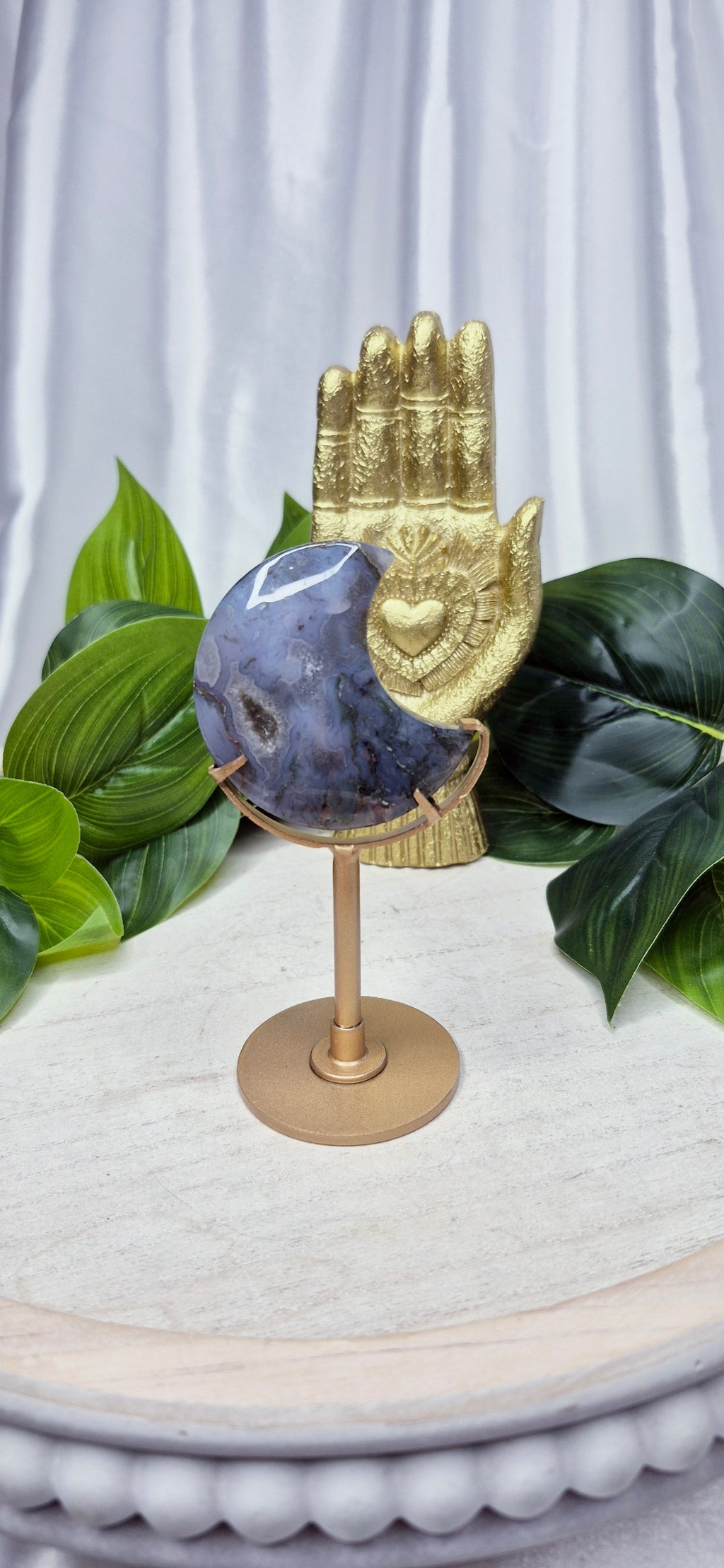 Sugar Druzy Moss Agate Moon Carving on Stand  #D