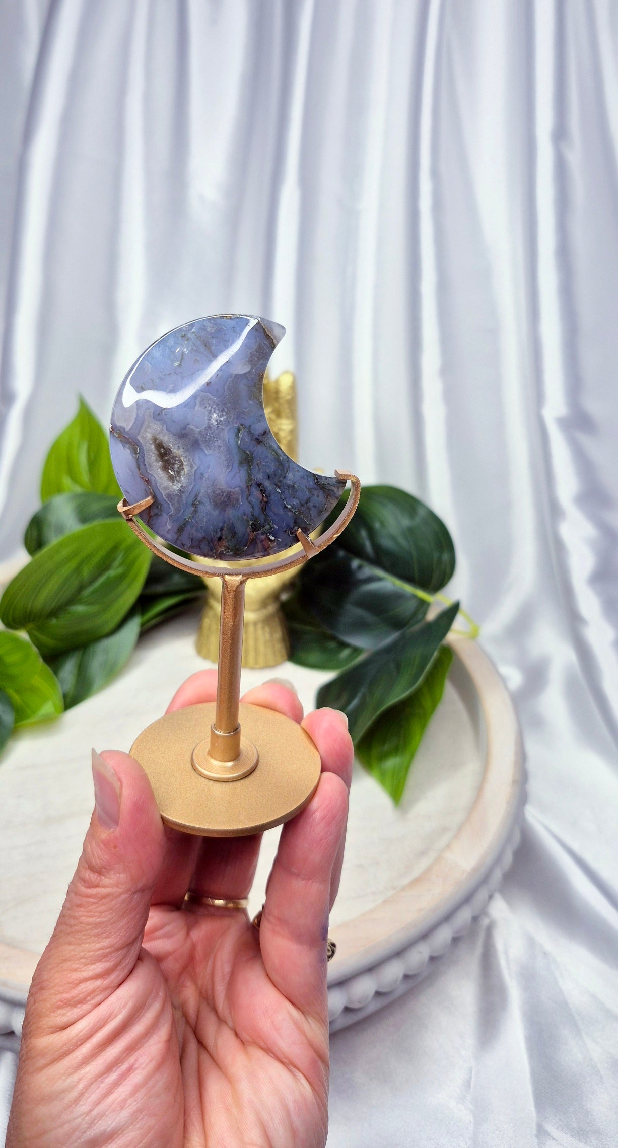 Sugar Druzy Moss Agate Moon Carving on Stand  #D