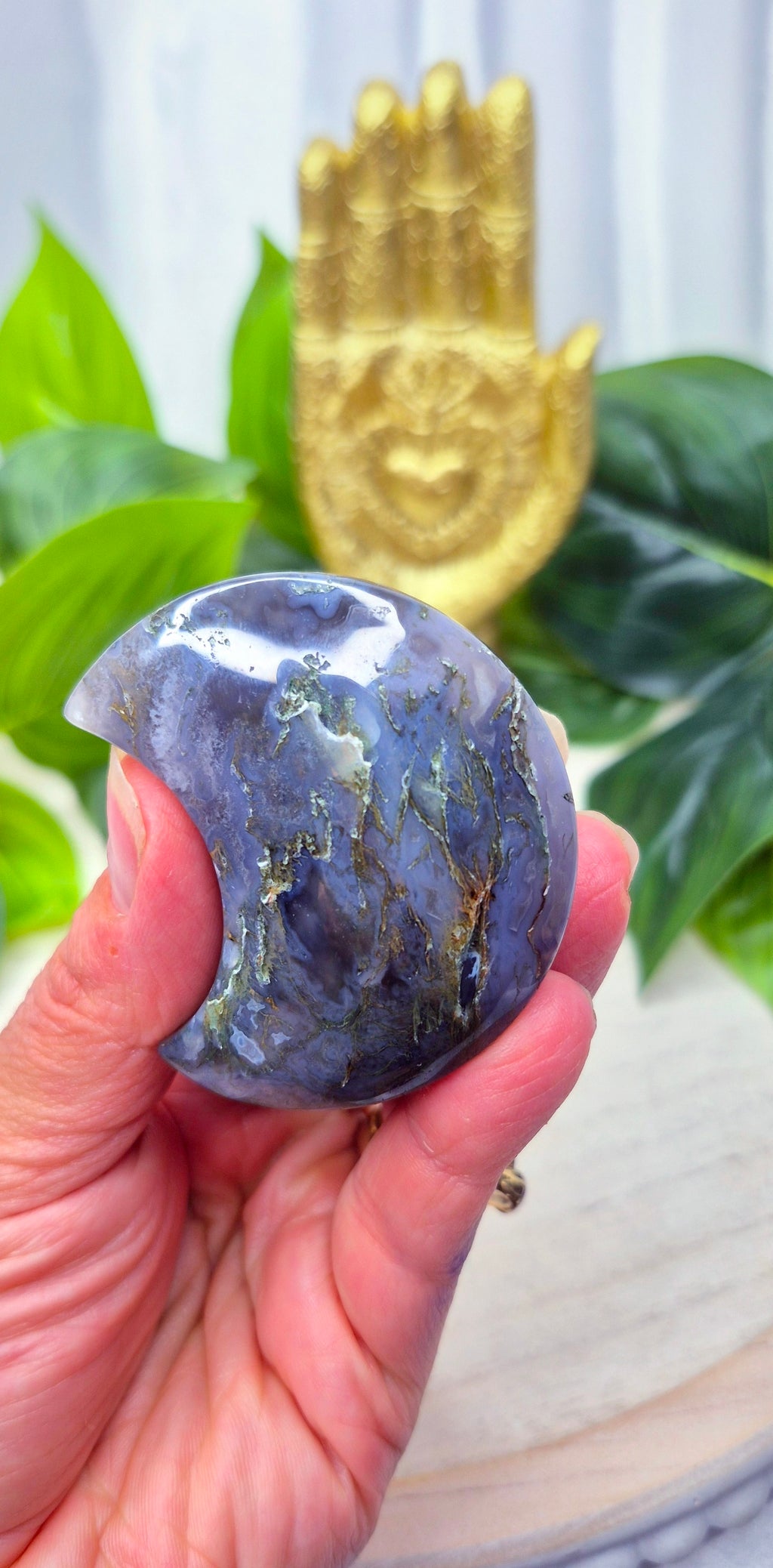 Sugar Druzy Moss Agate Moon Carving on Stand  #D