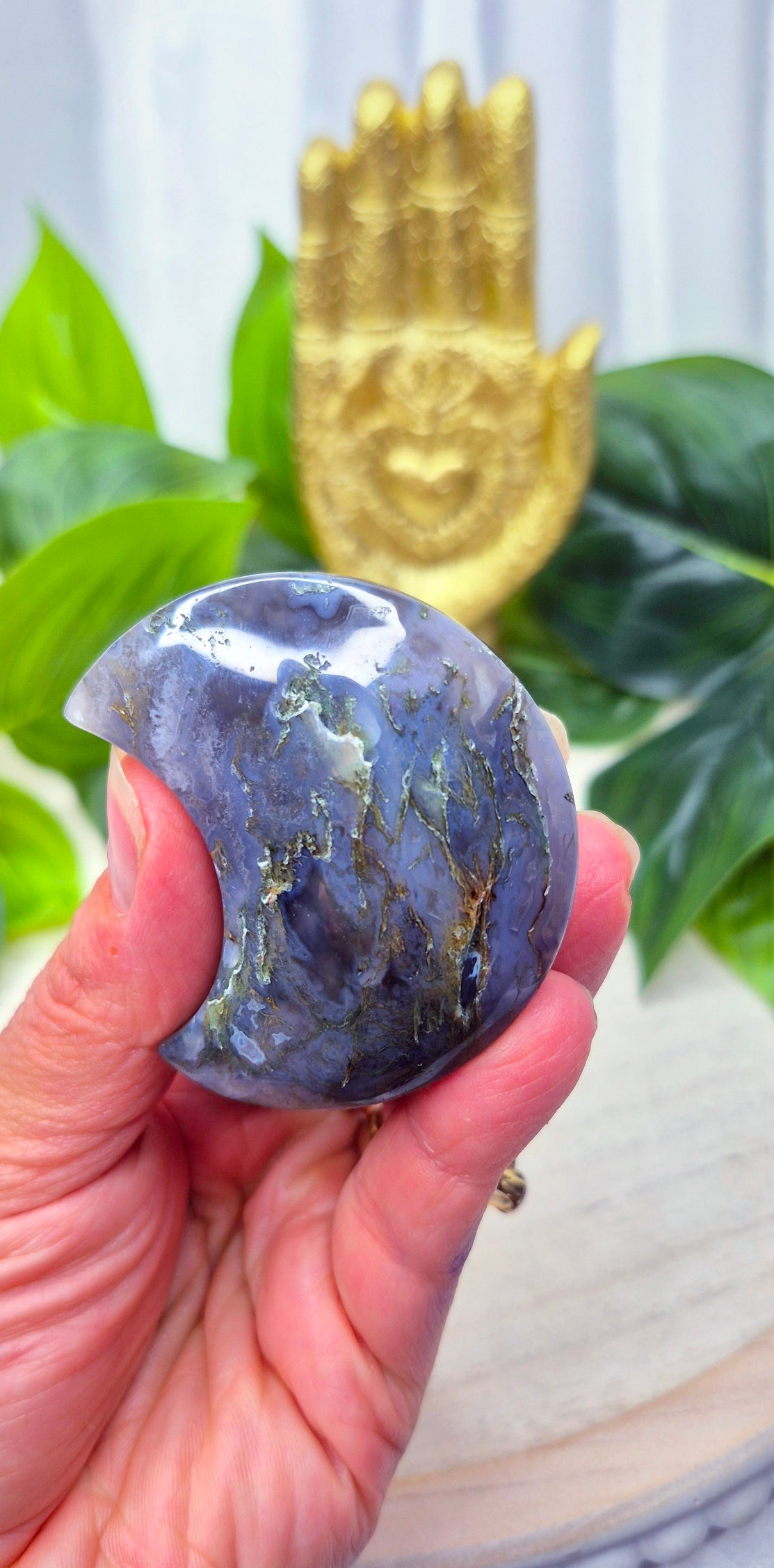 Sugar Druzy Moss Agate Moon Carving on Stand  #D