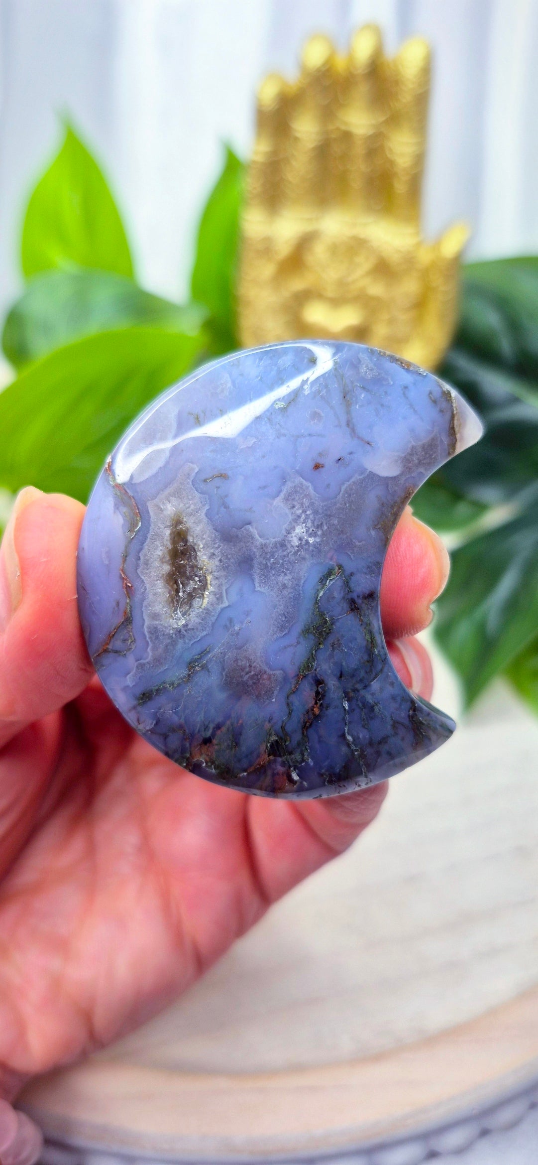 Sugar Druzy Moss Agate Moon Carving on Stand  #D