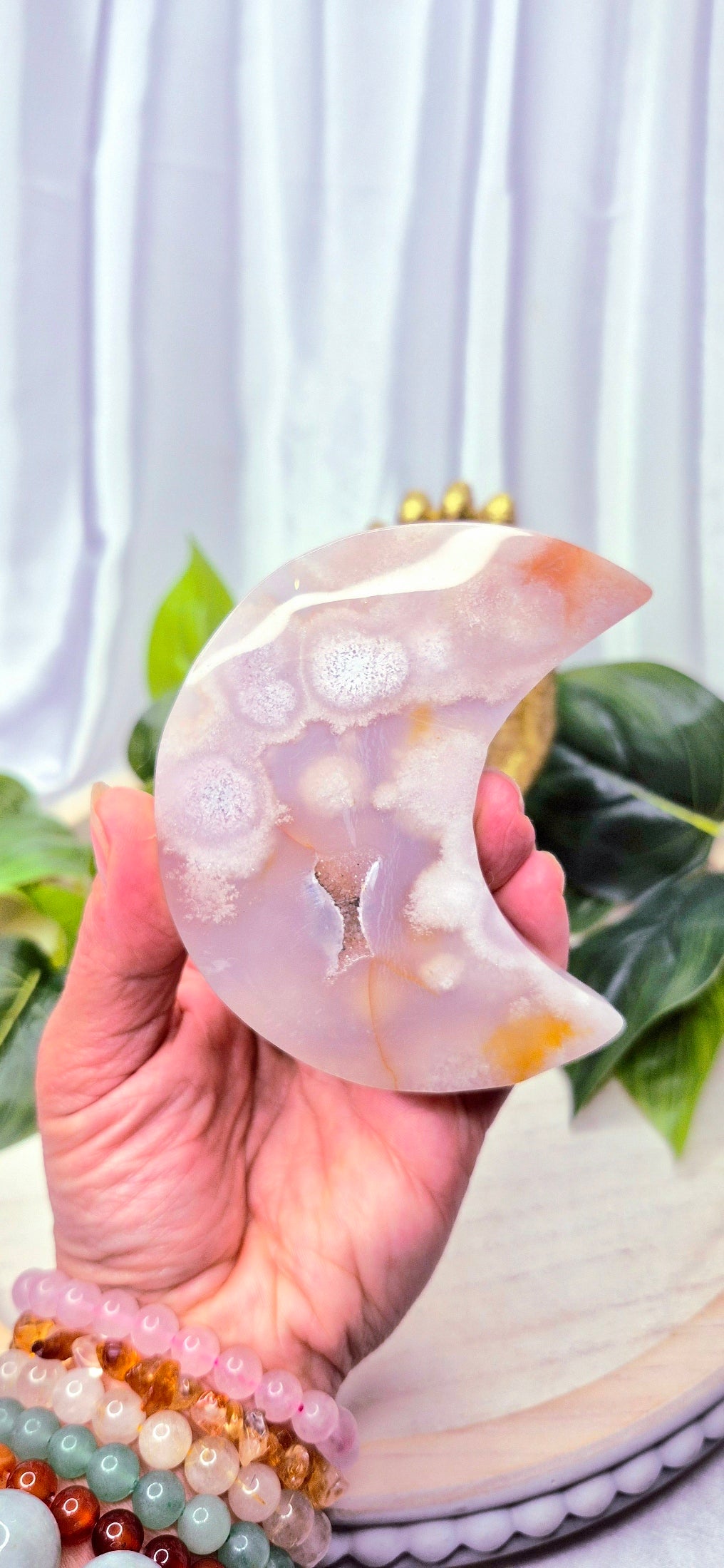 Sugar Druzy Flower Agate Moon Carving #A