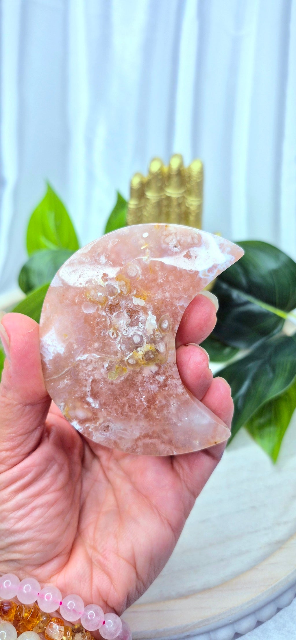 Sugar Druzy Flower Agate Moon Carving #B