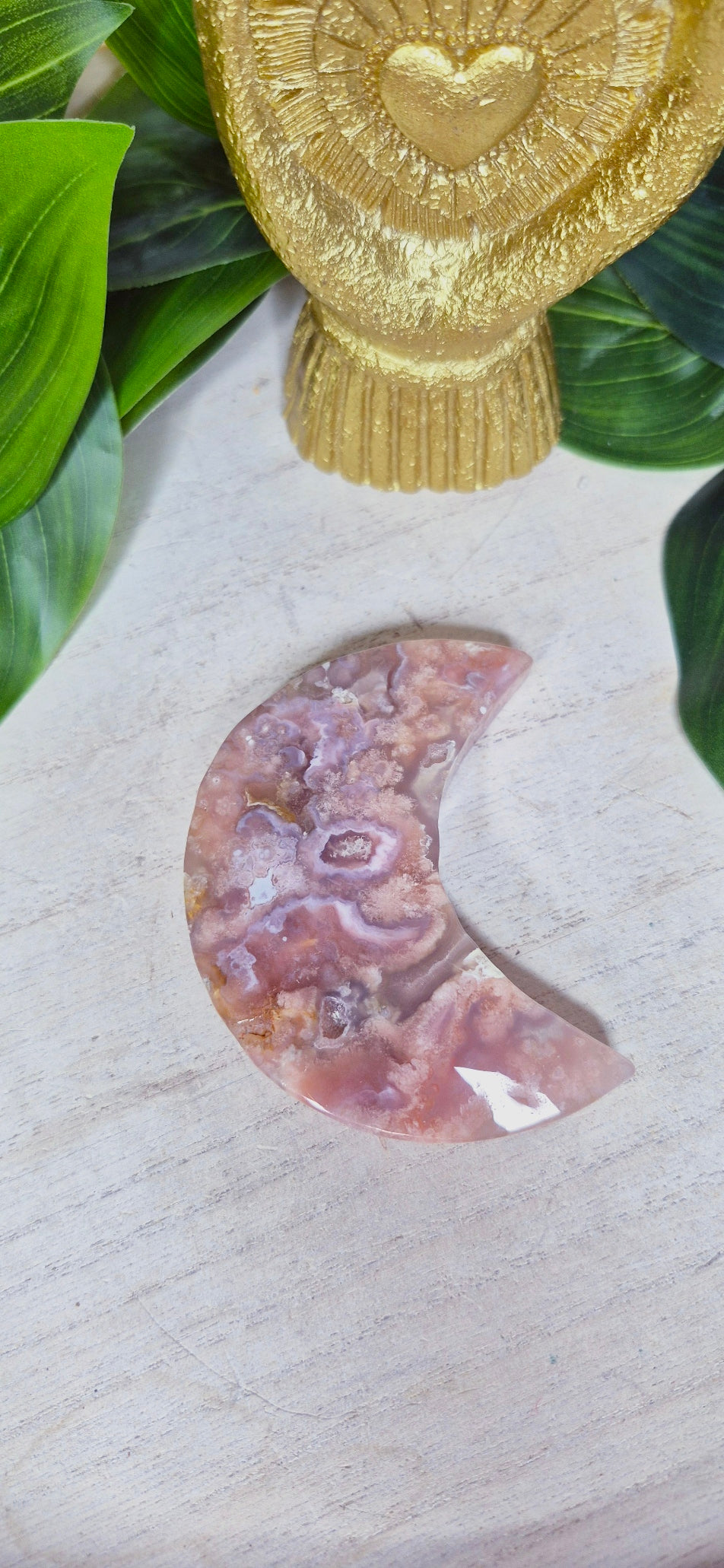 Sugar Druzy Flower Agate Moon Carving #C