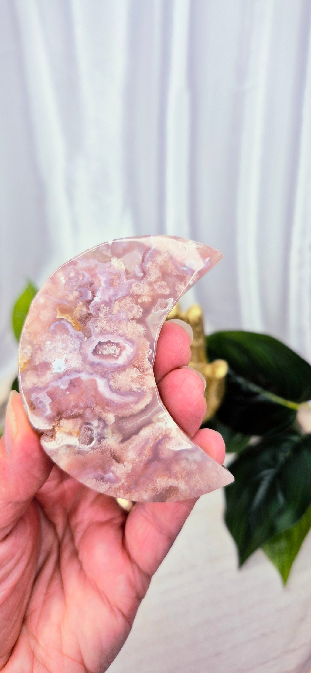Sugar Druzy Flower Agate Moon Carving #C