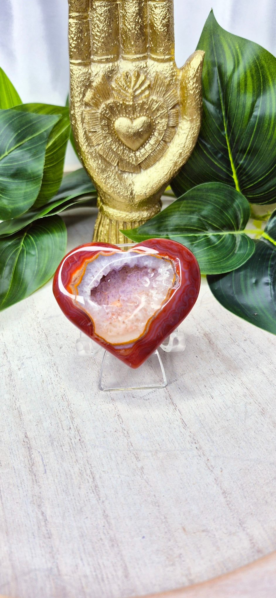 Polished Carnelian Heart Carving with Duzy Centre on Stand