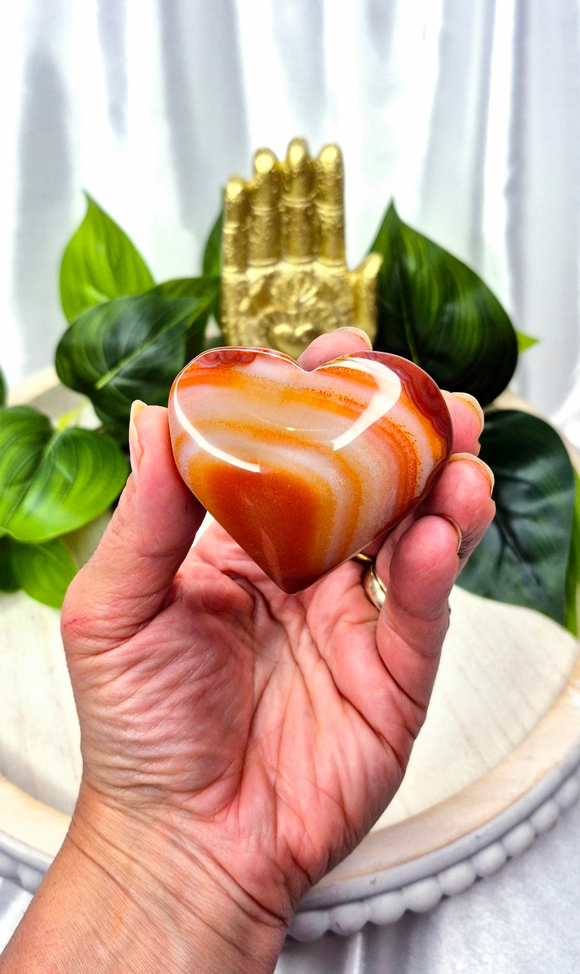 Polished Carnelian Heart Carving with Duzy Centre on Stand