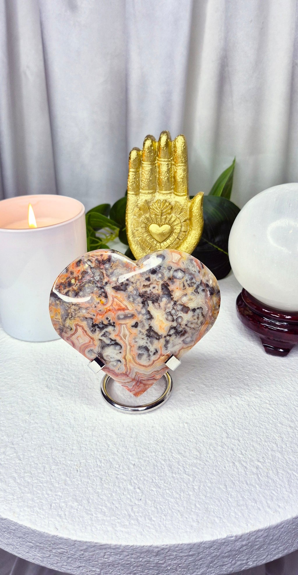 X-Large Lace Agate Heart Carving on Stand #A