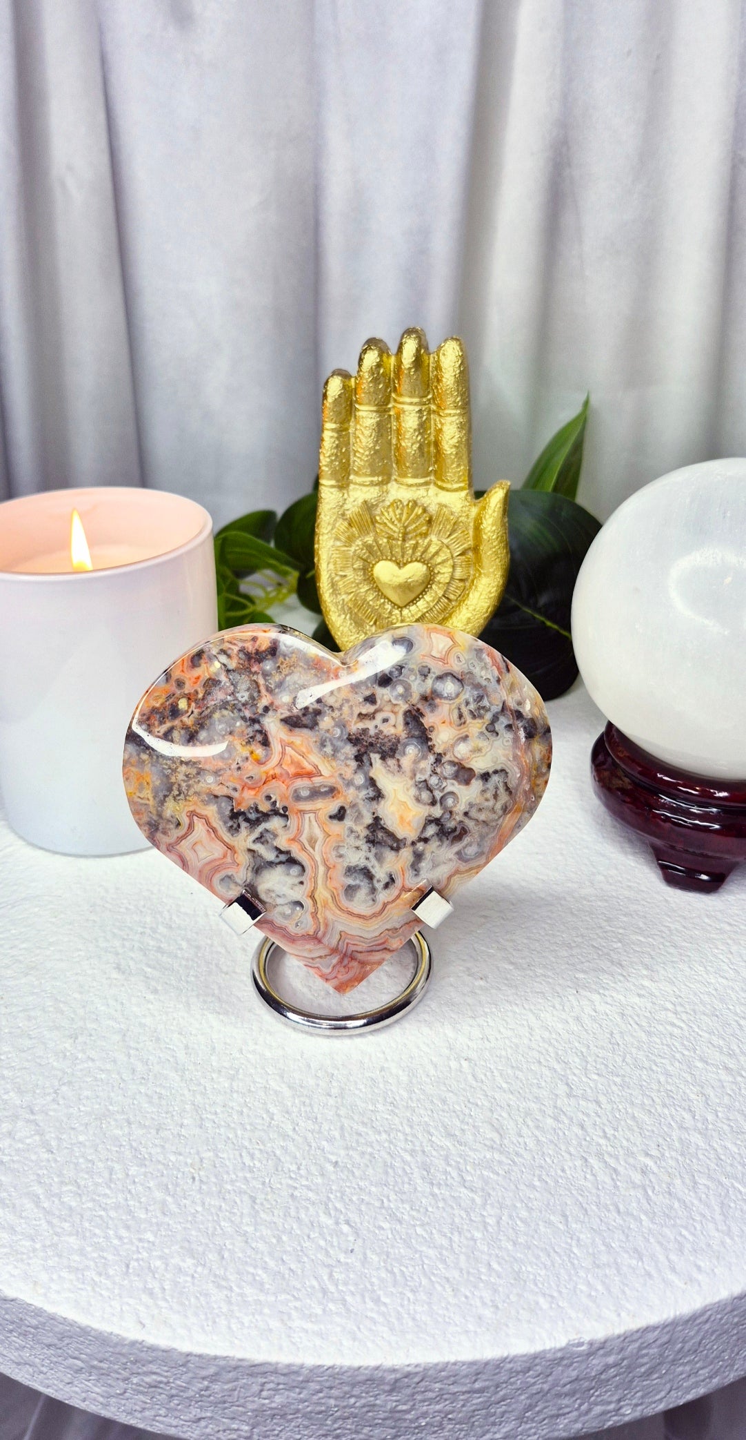 X-Large Lace Agate Heart Carving on Stand #A