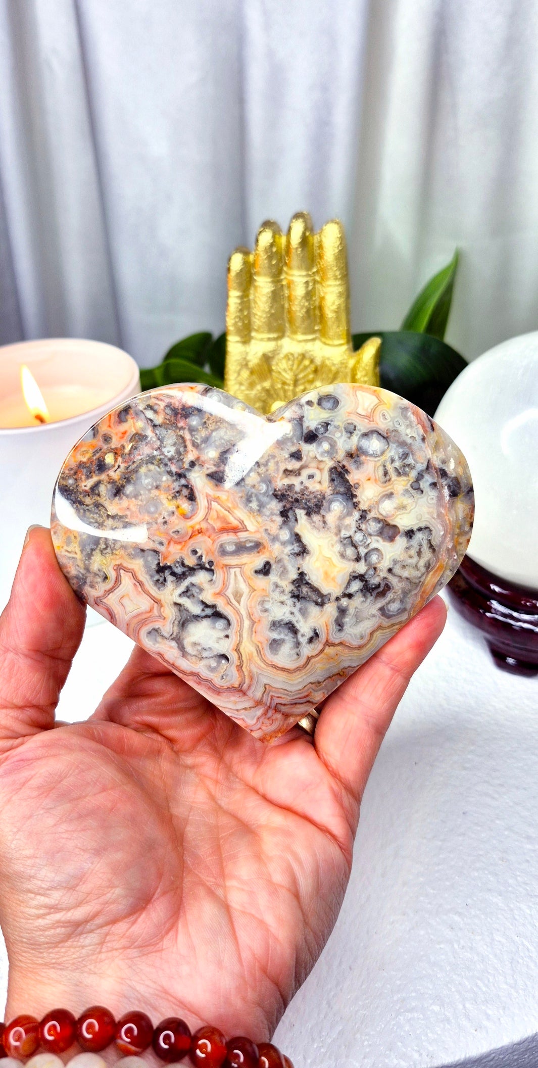 X-Large Lace Agate Heart Carving on Stand #A