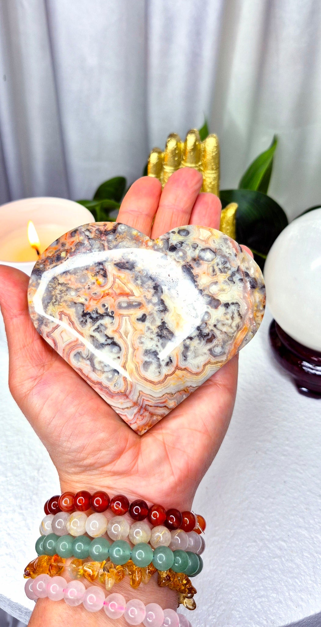 X-Large Lace Agate Heart Carving on Stand #A