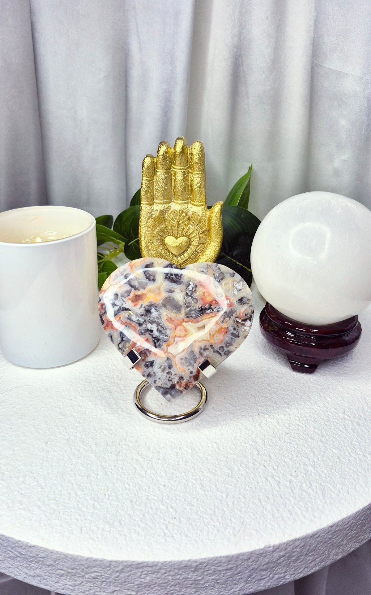 Large Lace Agate Heart Carving on Stand #B