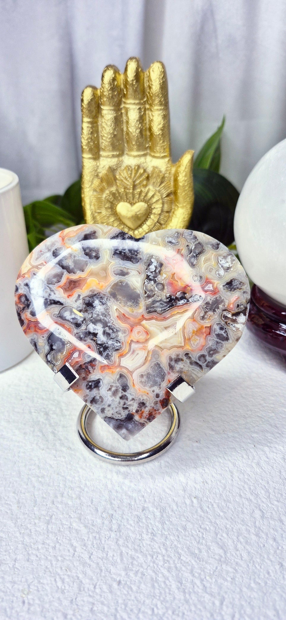 Large Lace Agate Heart Carving on Stand #B