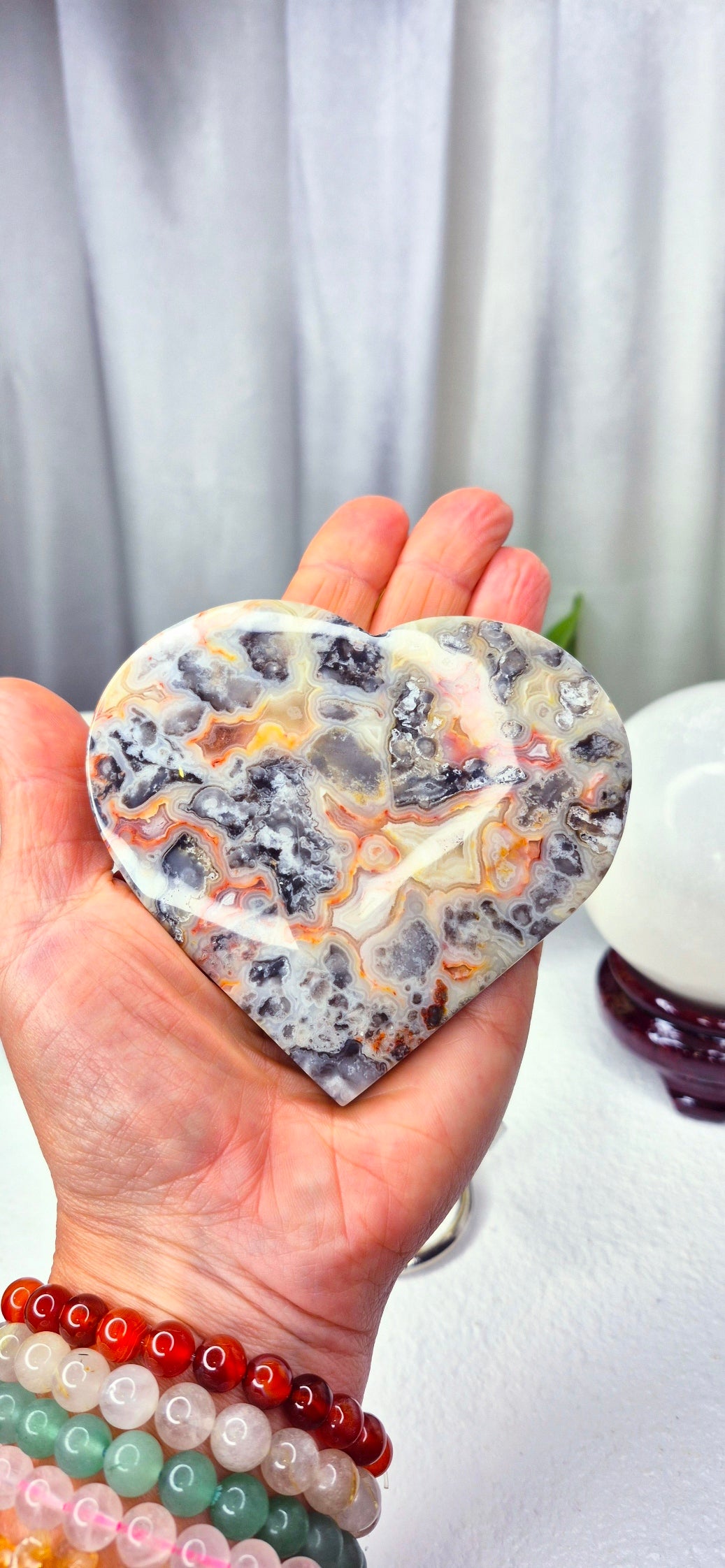 Large Lace Agate Heart Carving on Stand #B