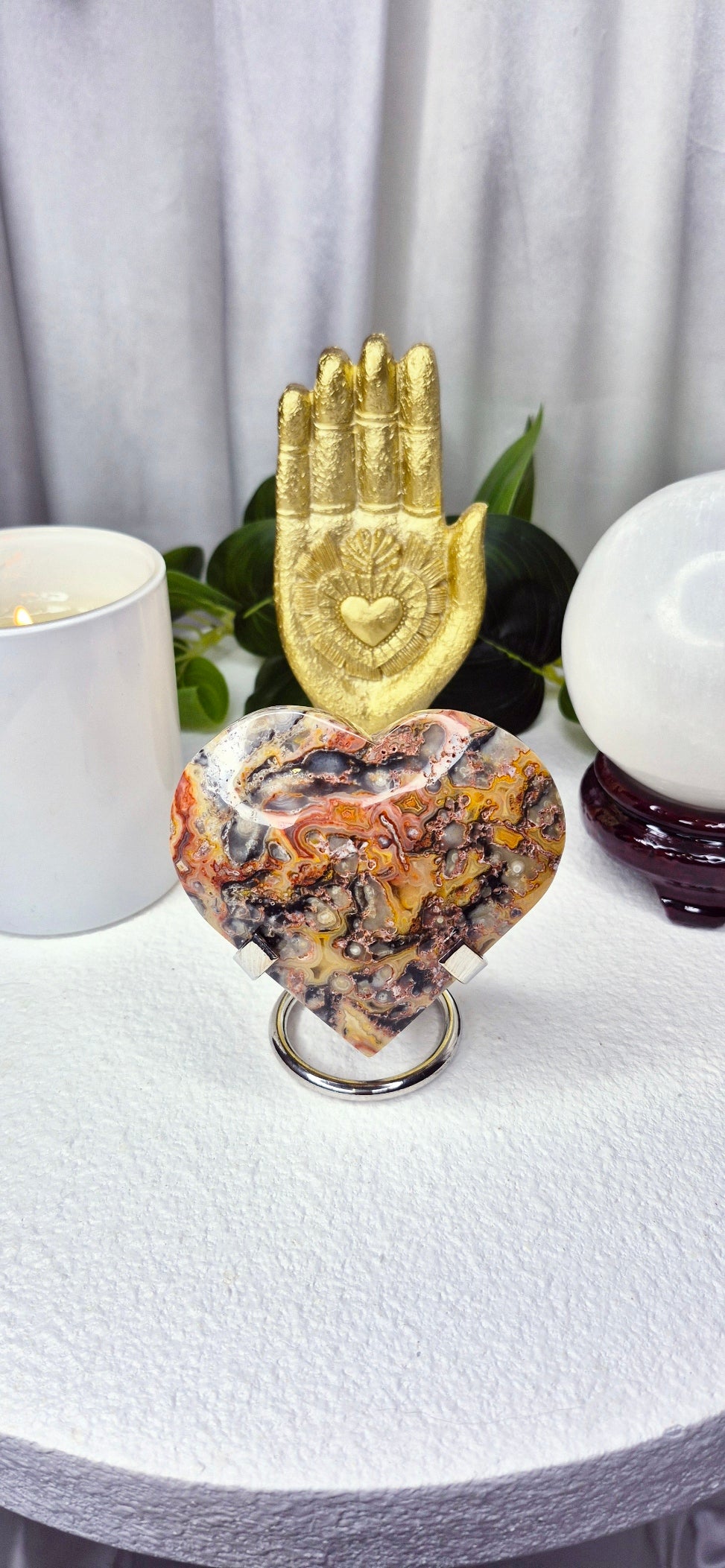 Large Lace Agate Heart Carving on Stand #C