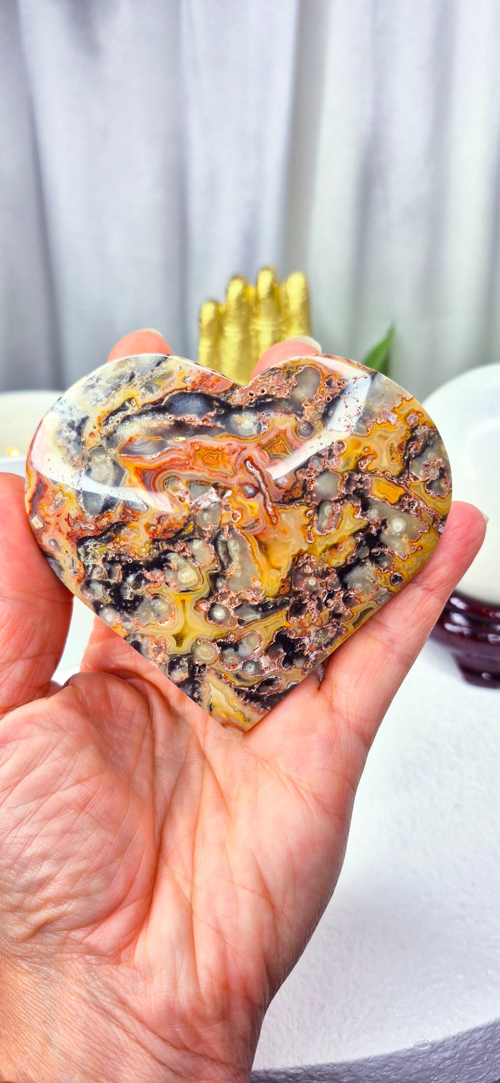 Large Lace Agate Heart Carving on Stand #C