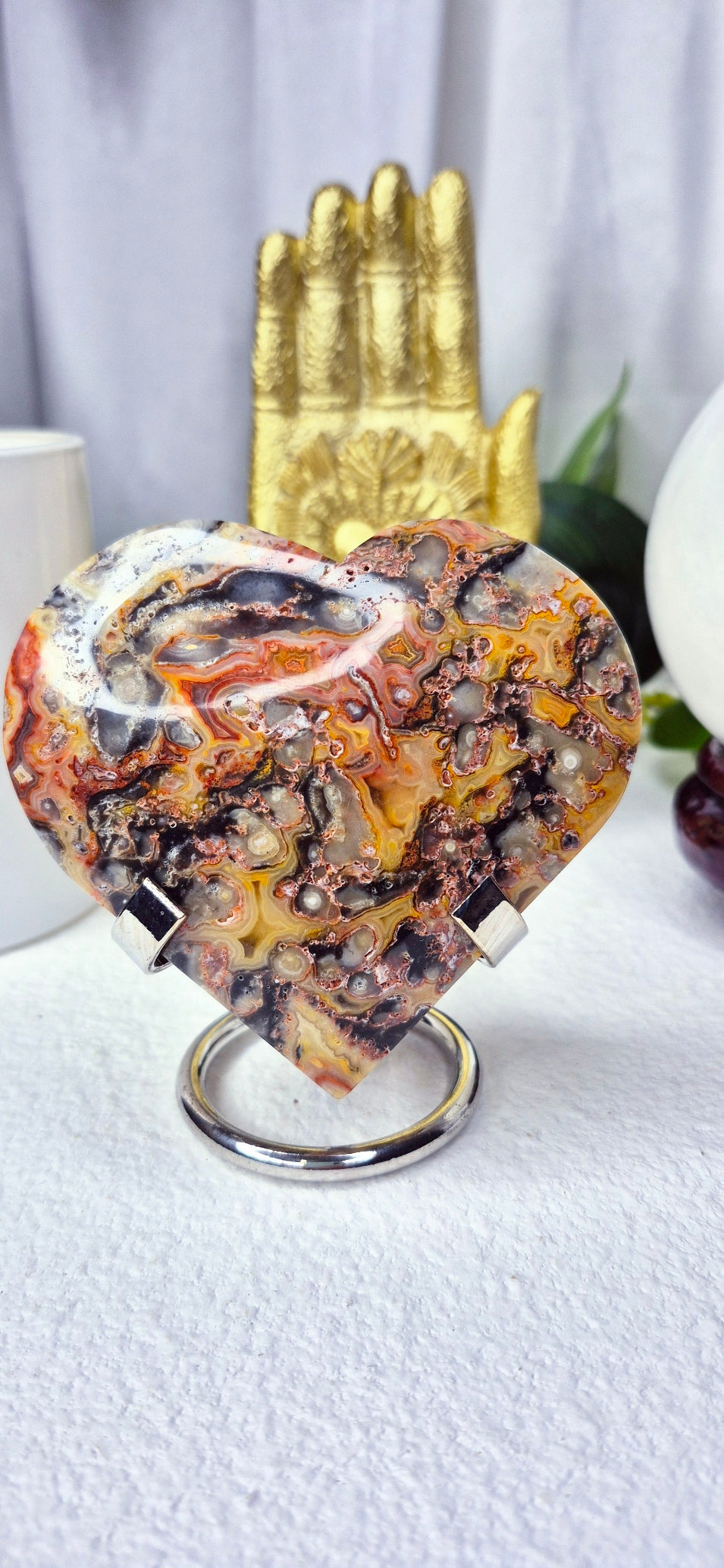 Large Lace Agate Heart Carving on Stand #C