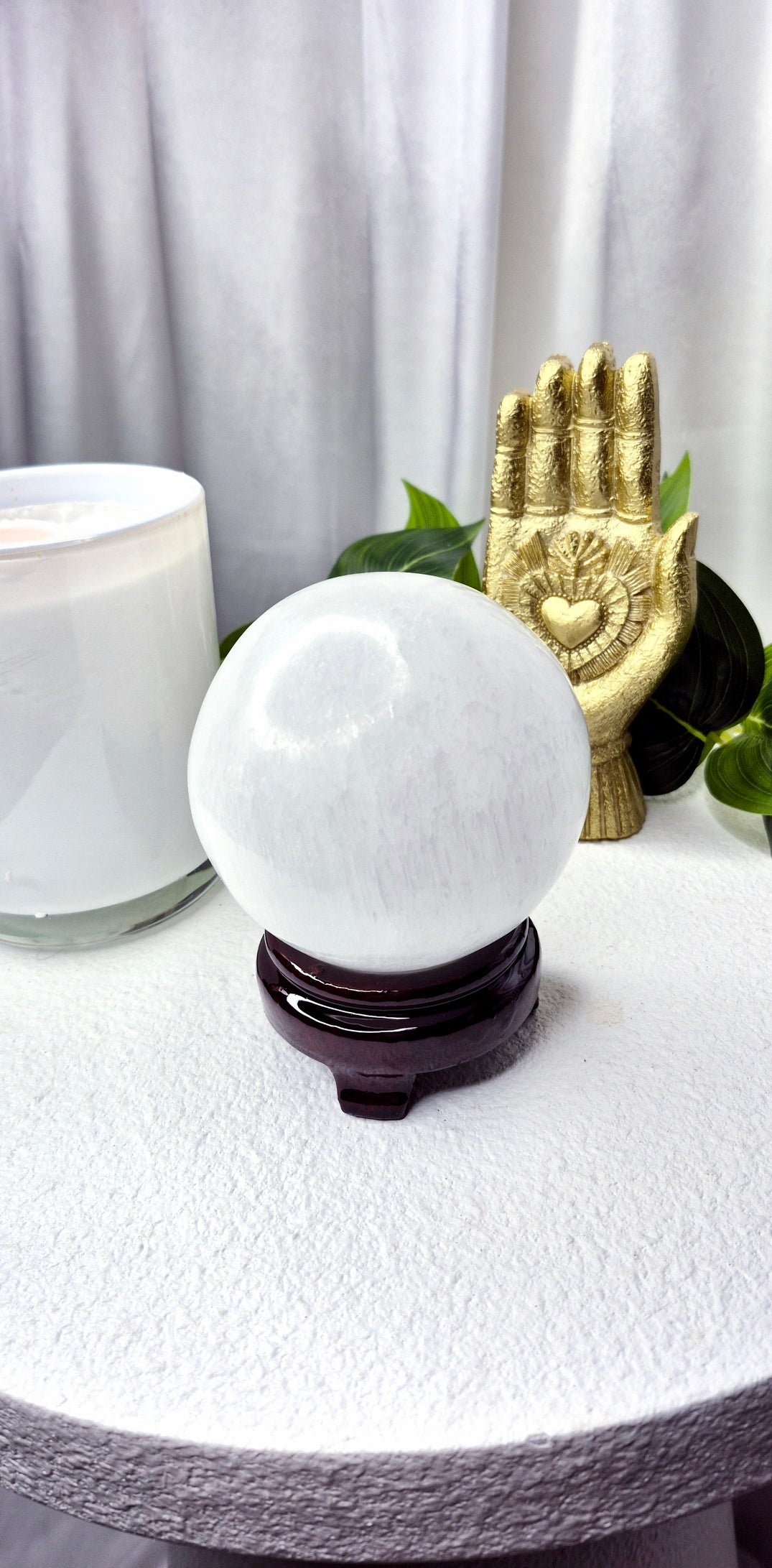 Selenite Sphere on wooden stand (Large)