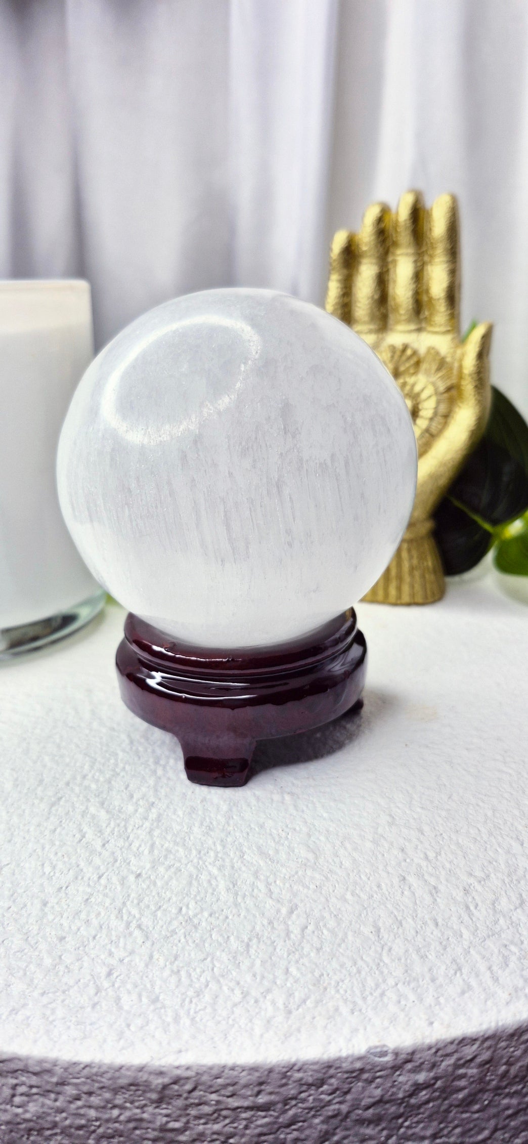 Selenite Sphere on wooden stand (Large)