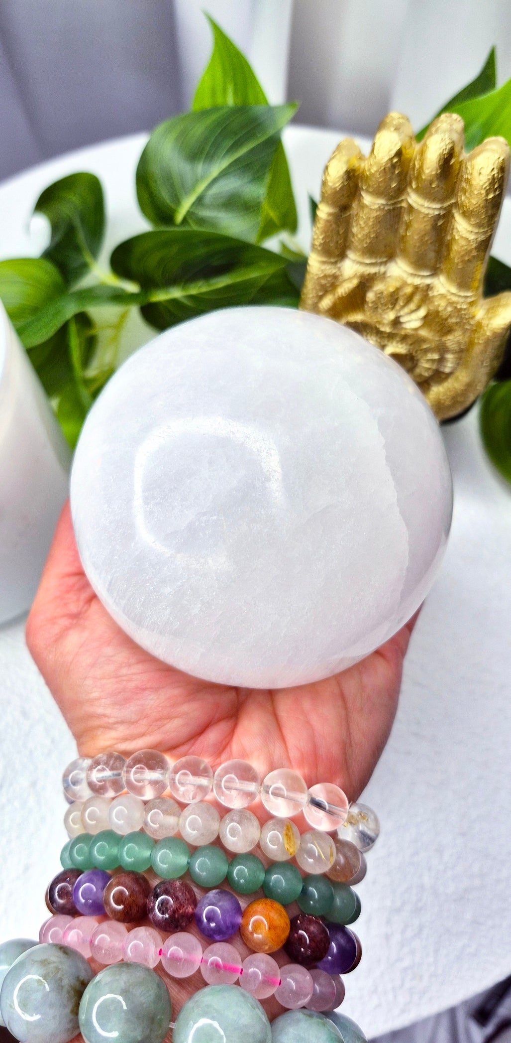 Selenite Sphere on wooden stand (Large)