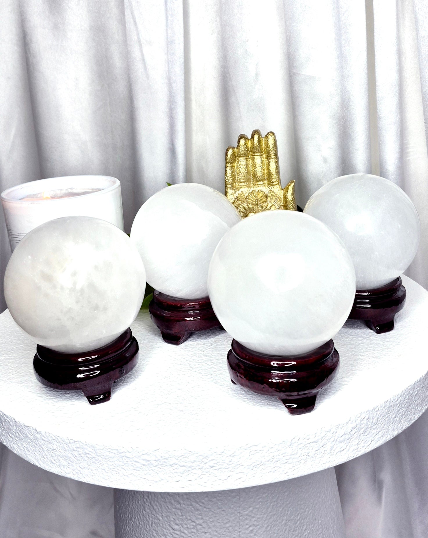 Selenite Sphere on wooden stand (Large)
