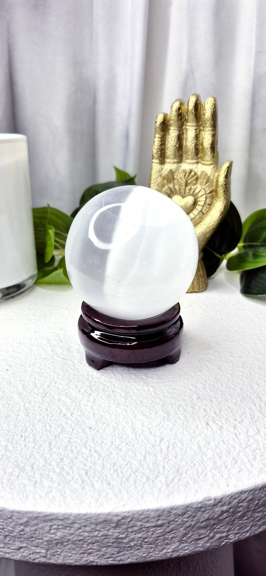 Selenite Sphere on wooden stand (Medium)