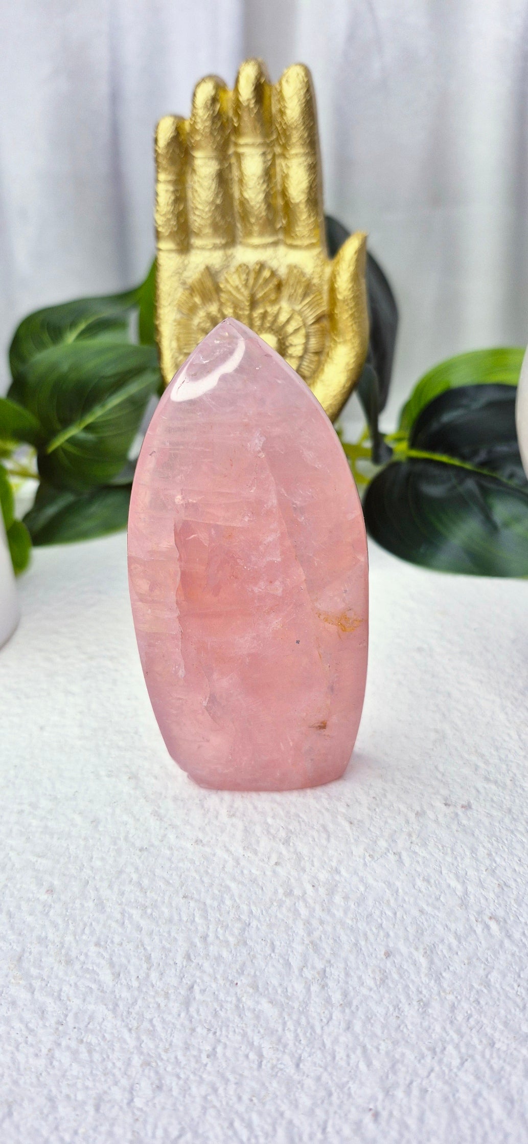 Rose Quartz Flame Carving with Golden Healer Inclusions