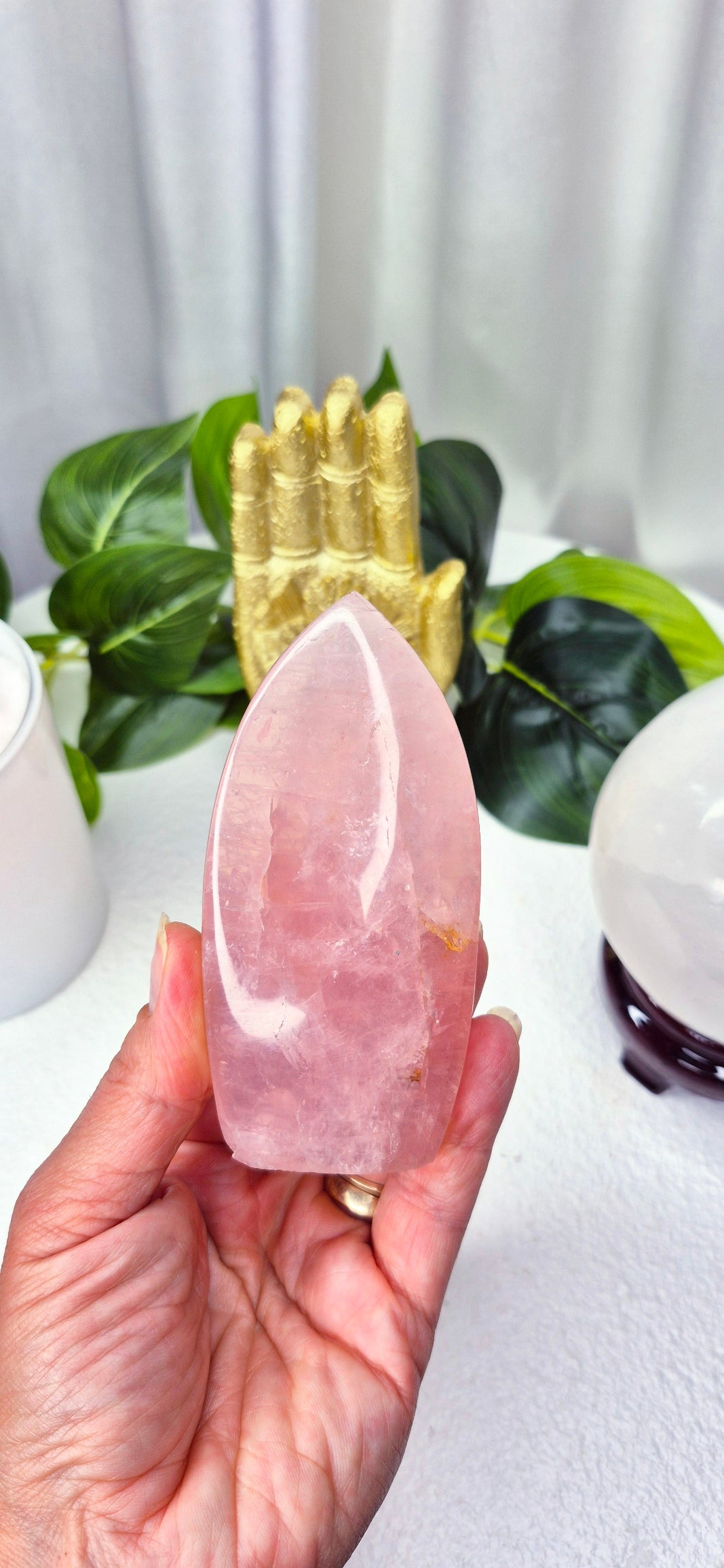 Rose Quartz Flame Carving with Golden Healer Inclusions