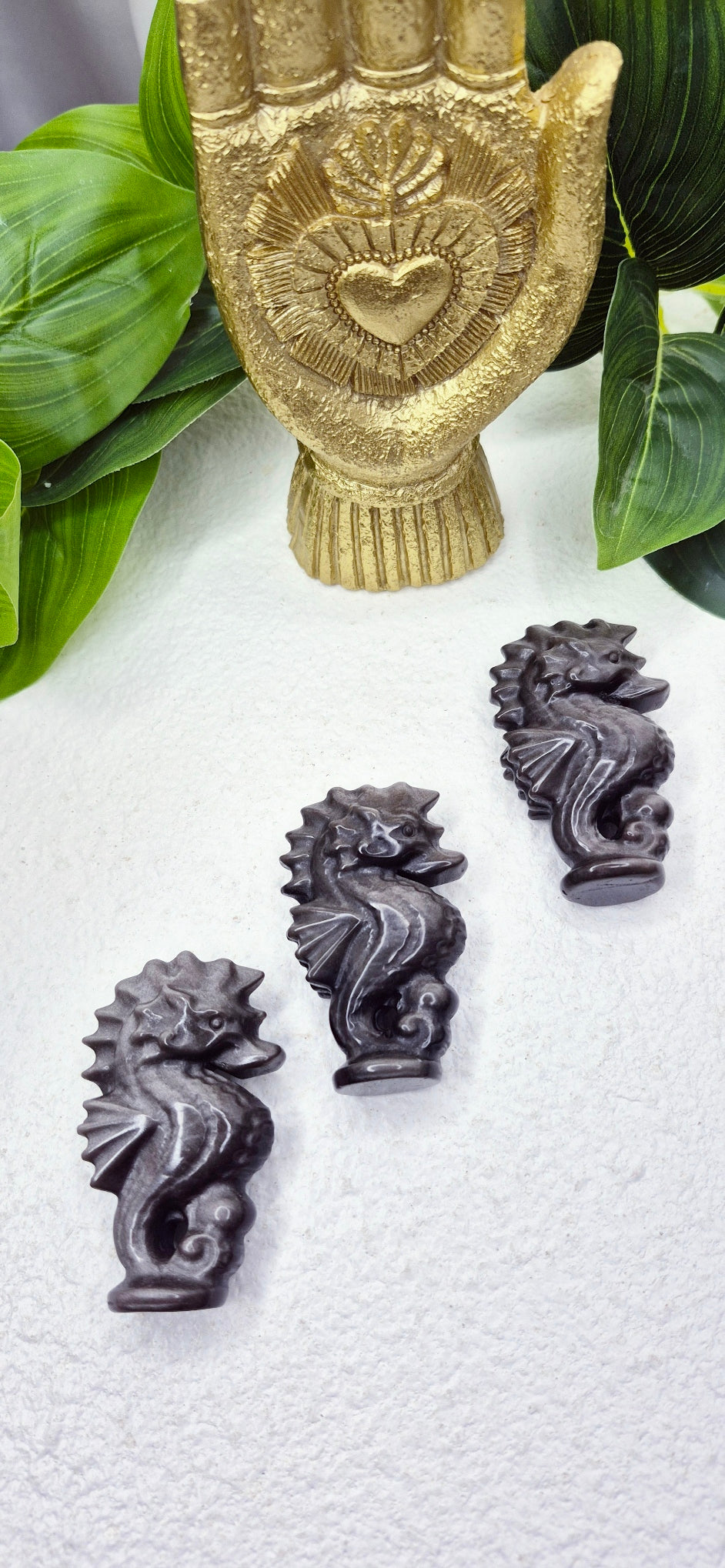 Silver Sheen Obsidian Seahorse Carving