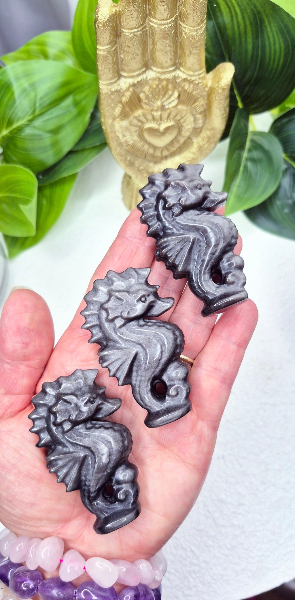 Silver Sheen Obsidian Seahorse Carving