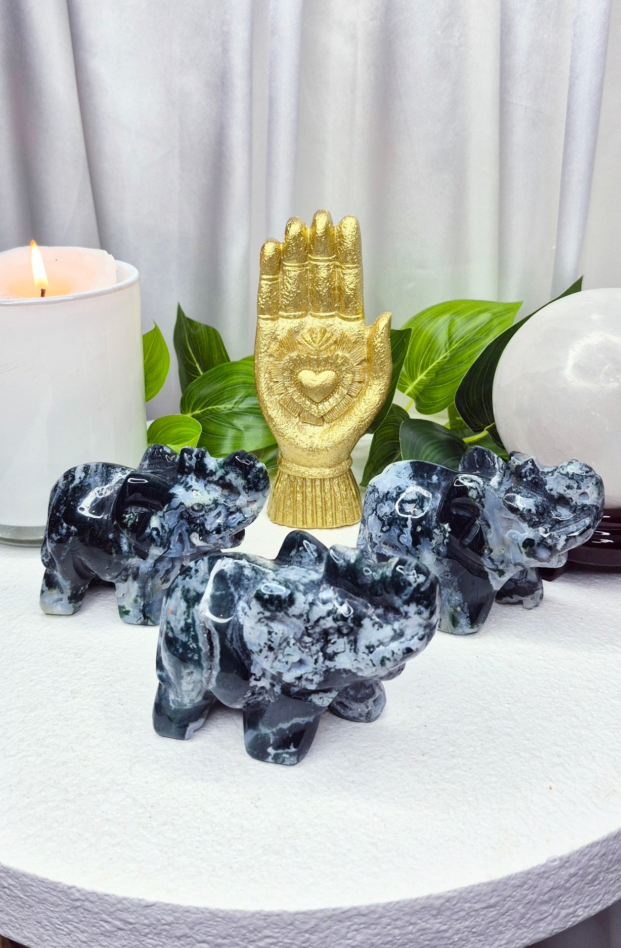 Moss Agate Elephant Carving
