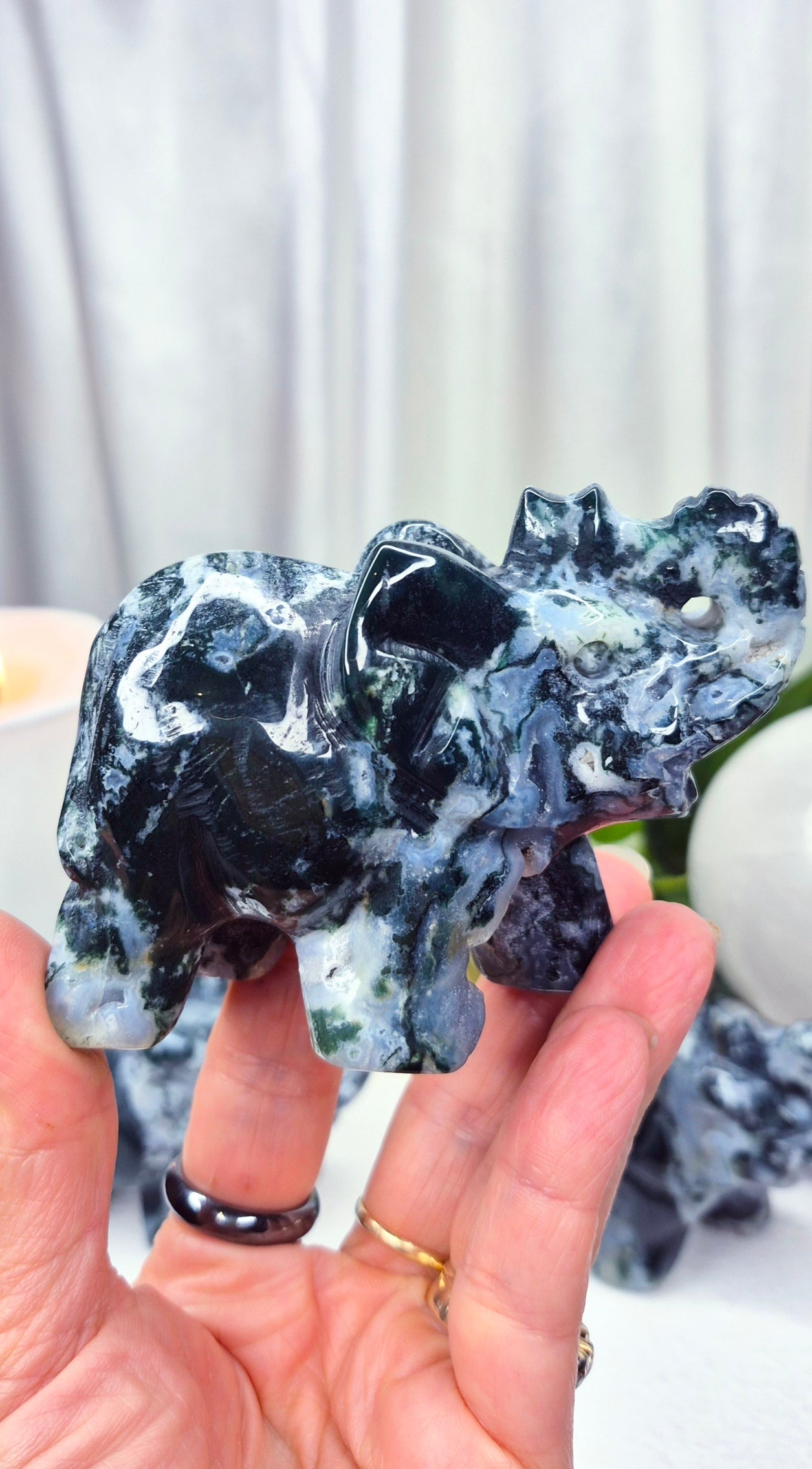 Moss Agate Elephant Carving
