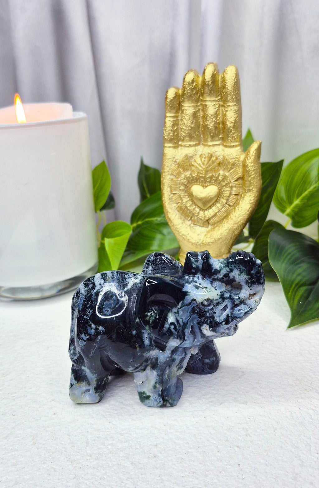 Moss Agate Elephant Carving