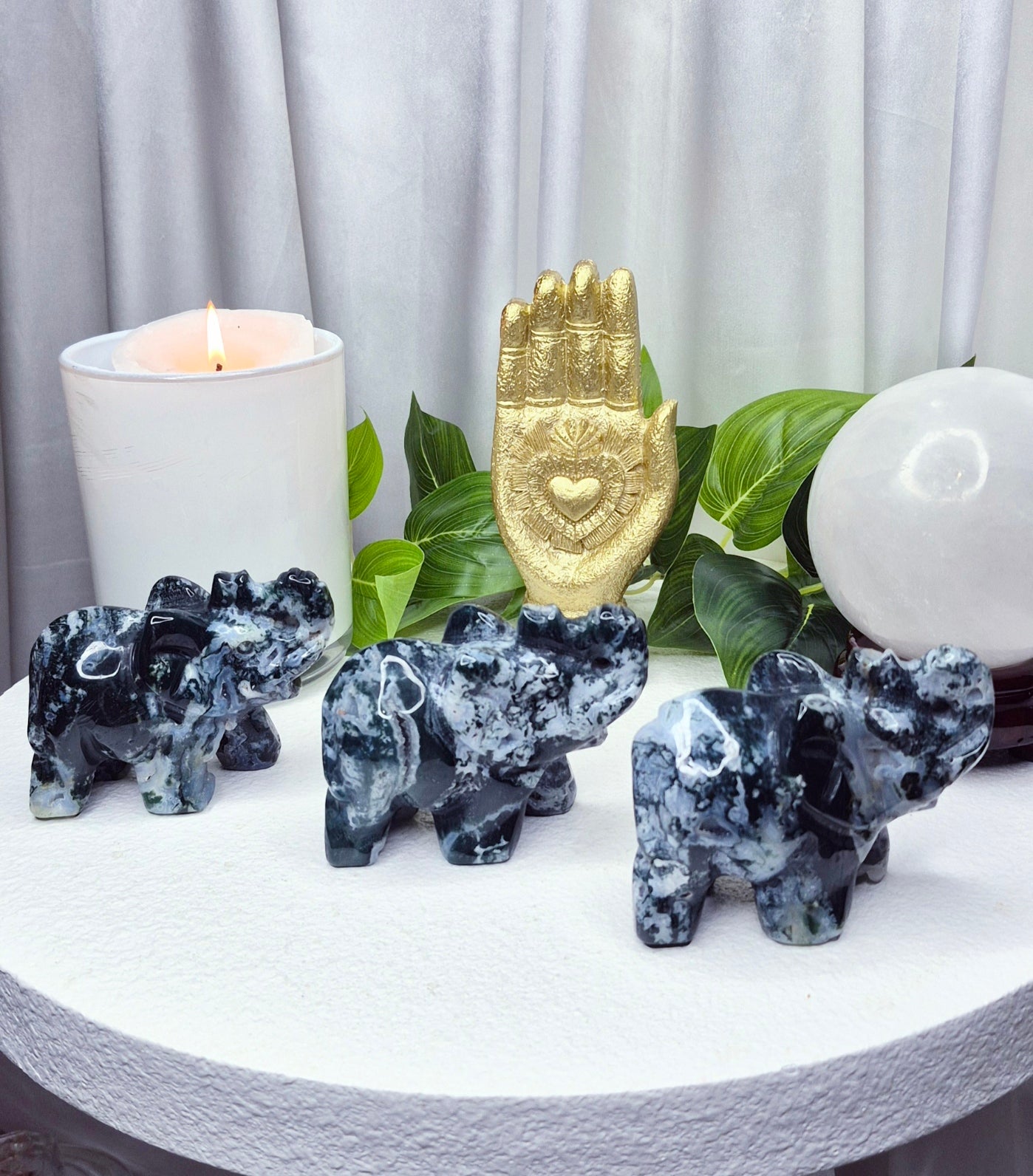 Moss Agate Elephant Carving