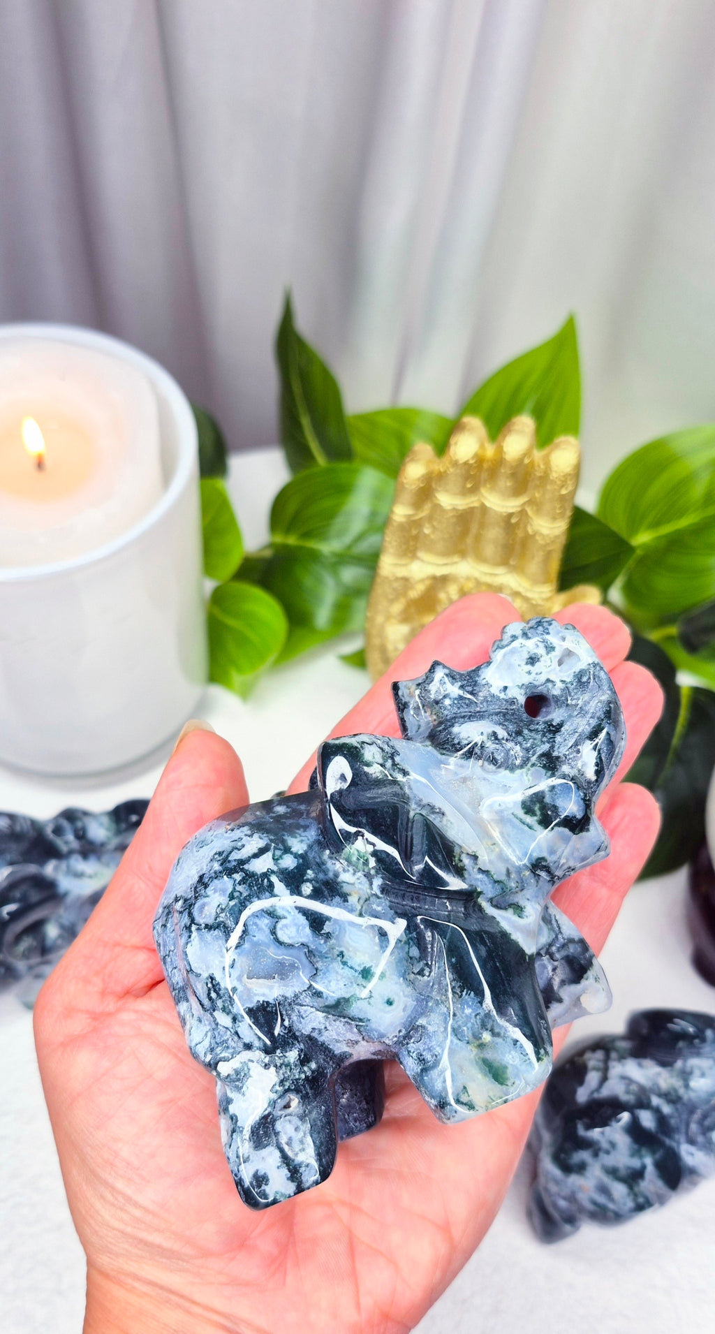Moss Agate Elephant Carving
