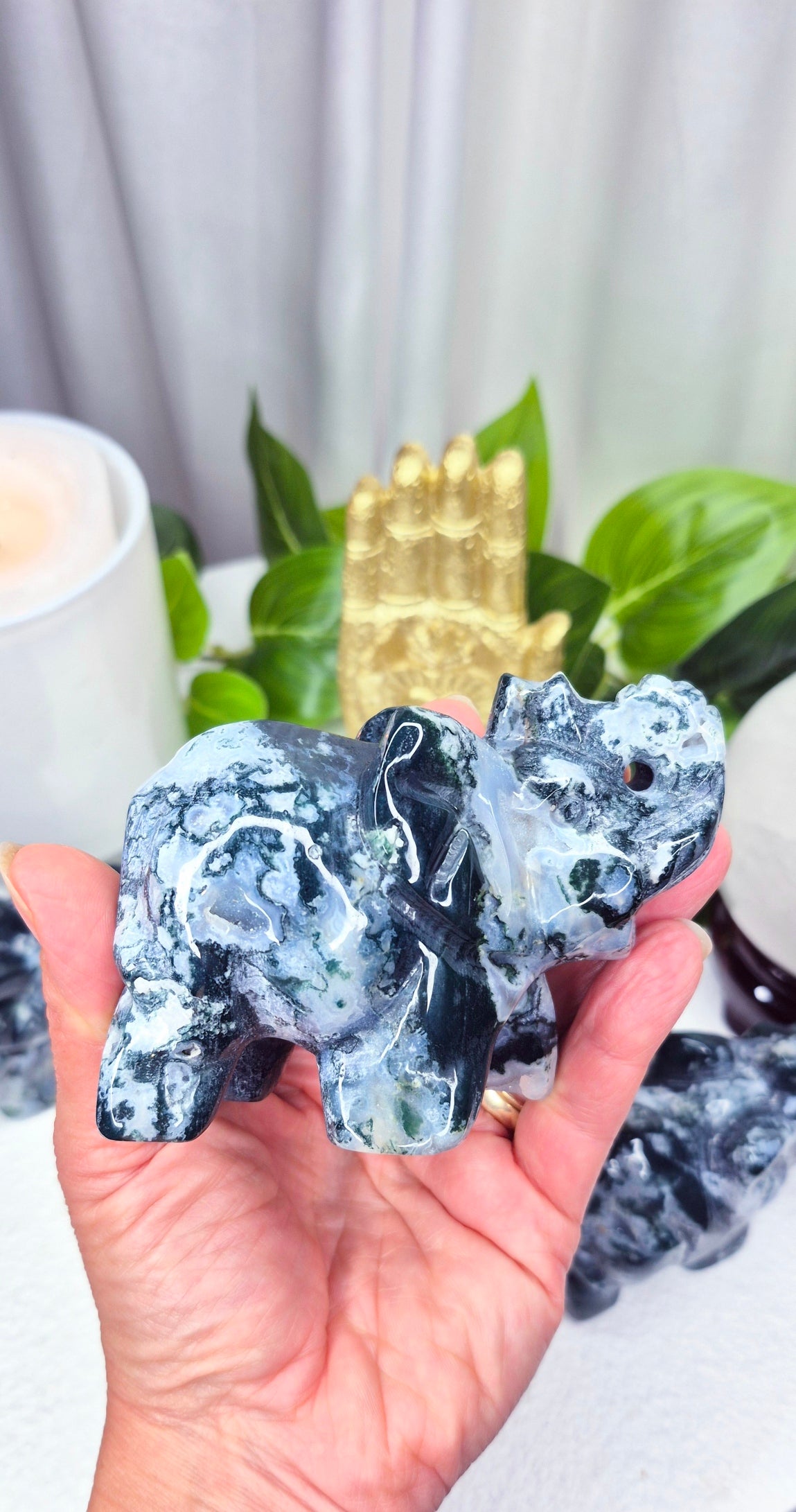 Moss Agate Elephant Carving