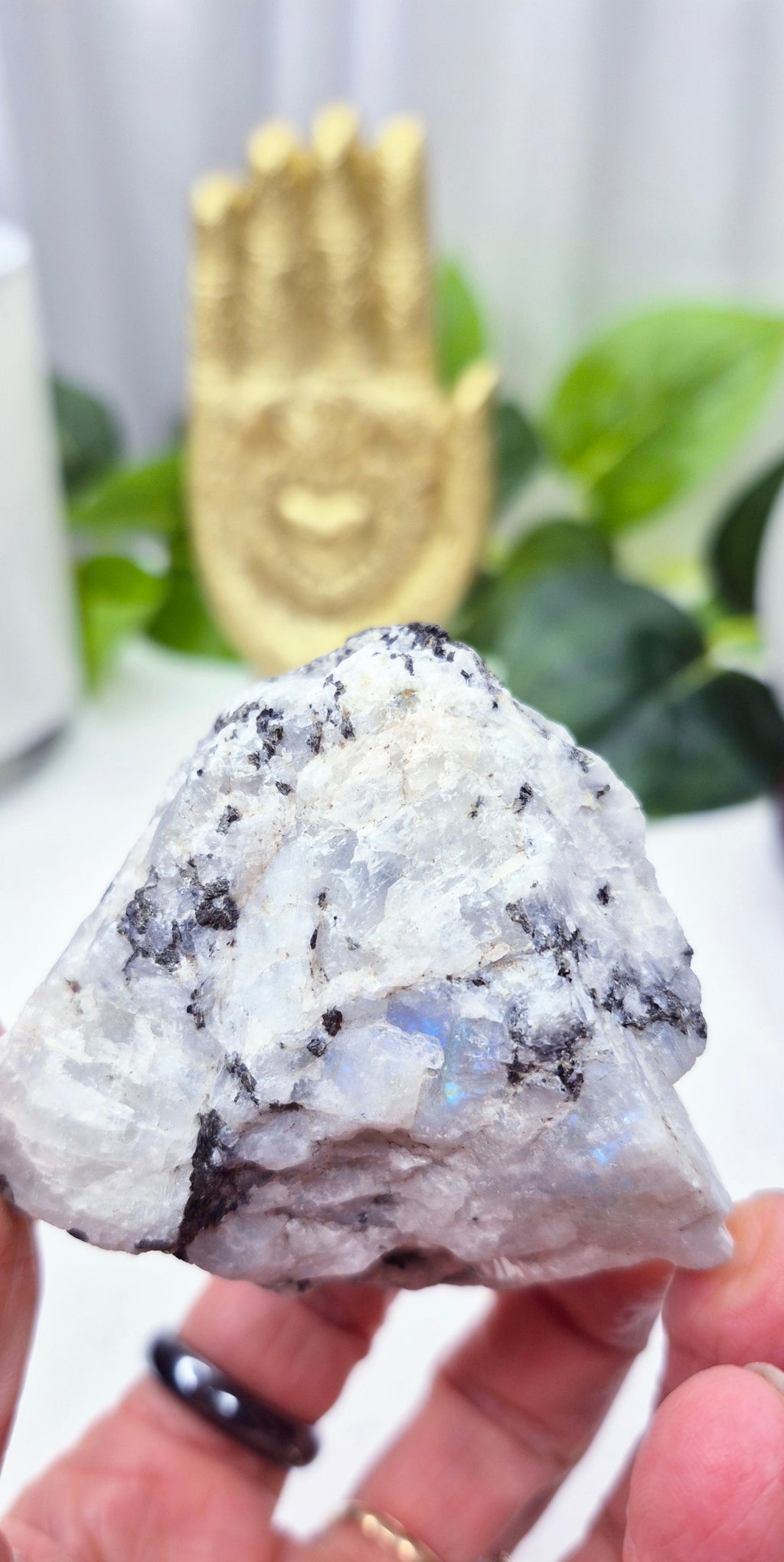 Raw Rainbow Moonstone Specimen with Black Tourmaline x Pyrite Inclusions