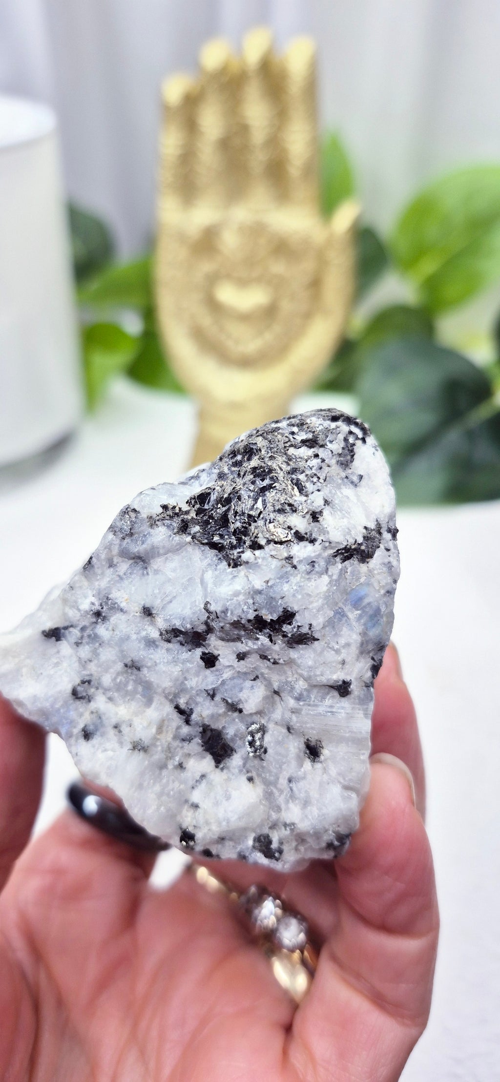 Raw Rainbow Moonstone Specimen with Black Tourmaline x Pyrite Inclusions