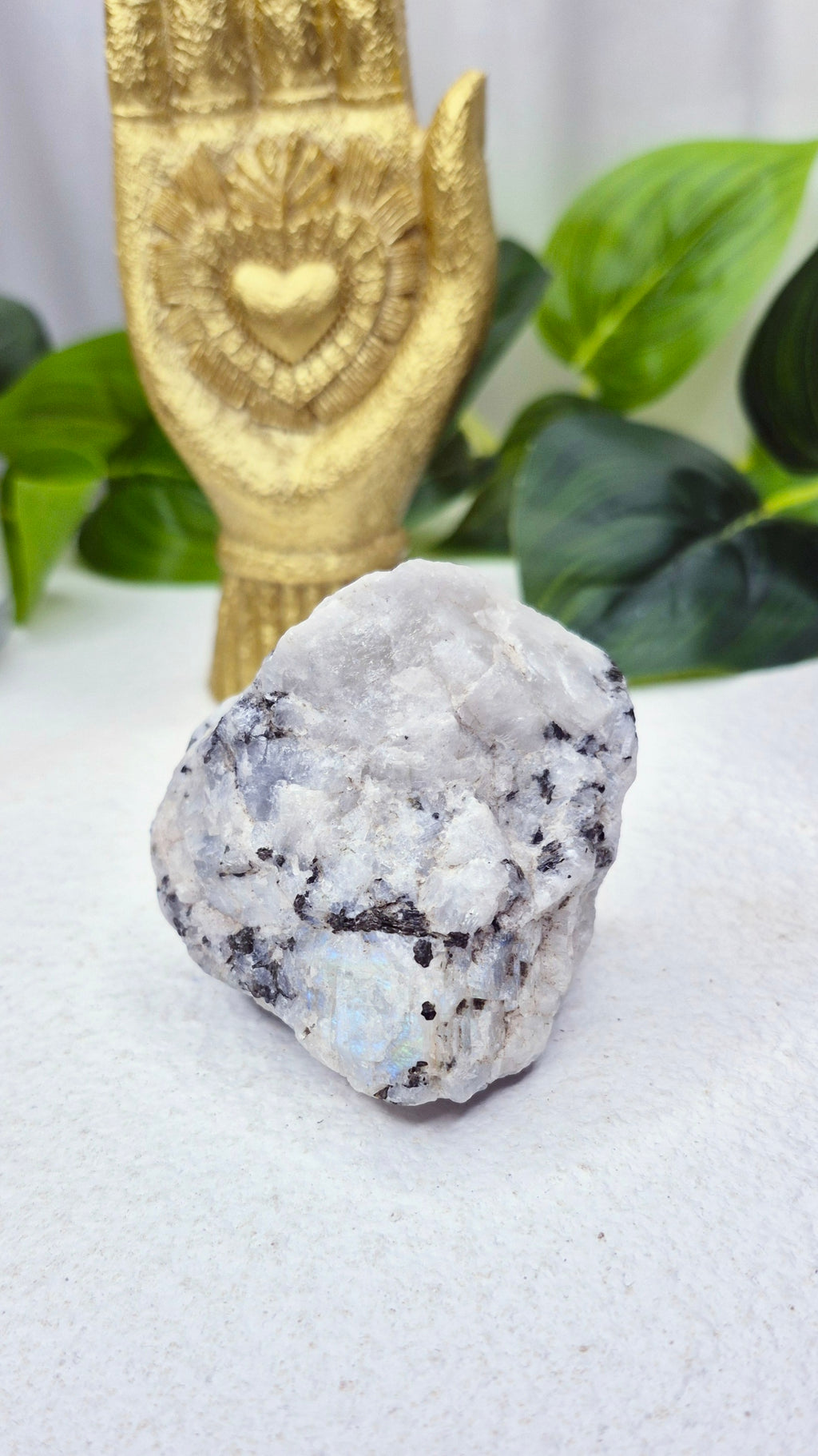 Raw Rainbow Moonstone Specimen with Black Tourmaline x Pyrite Inclusions
