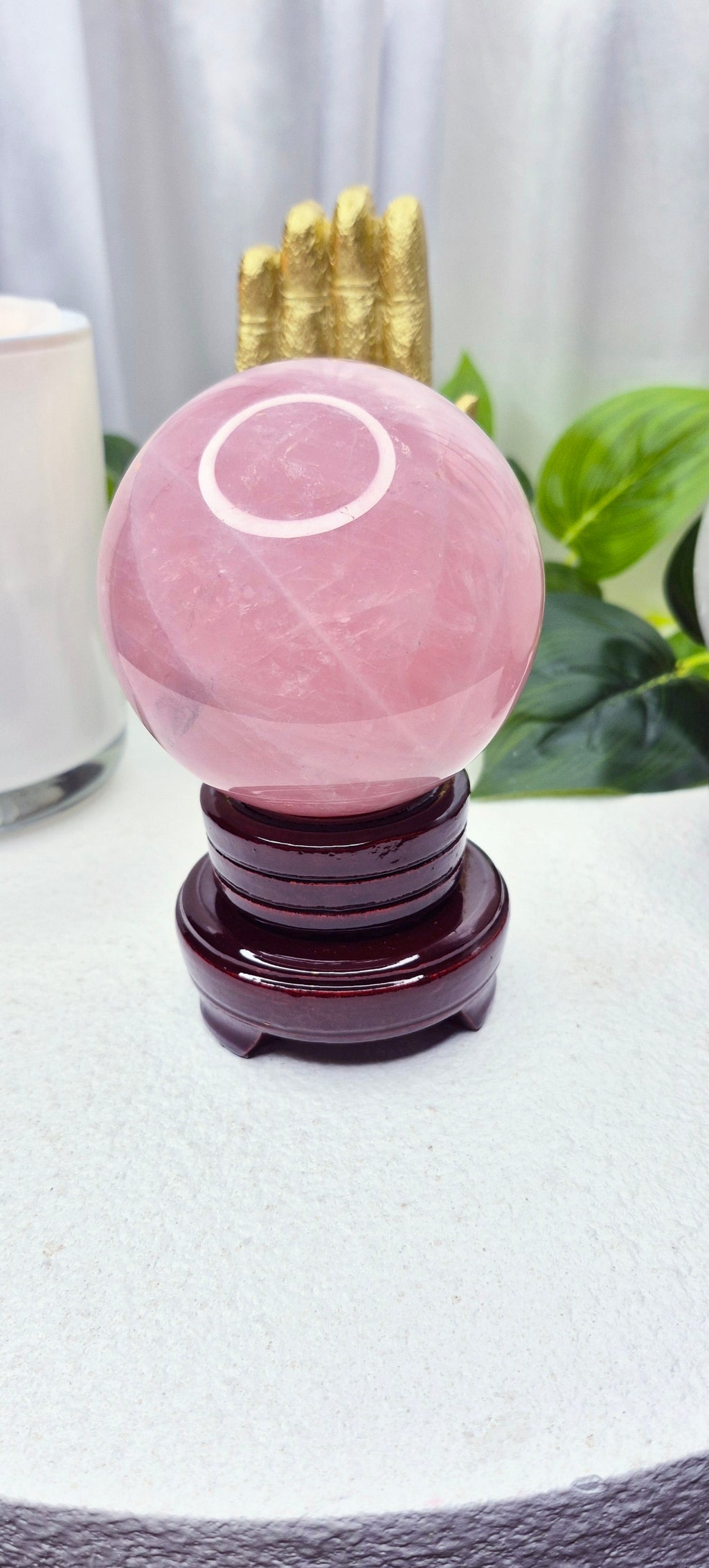 A Grade Rose Quartz Sphere on Wooden Stand
