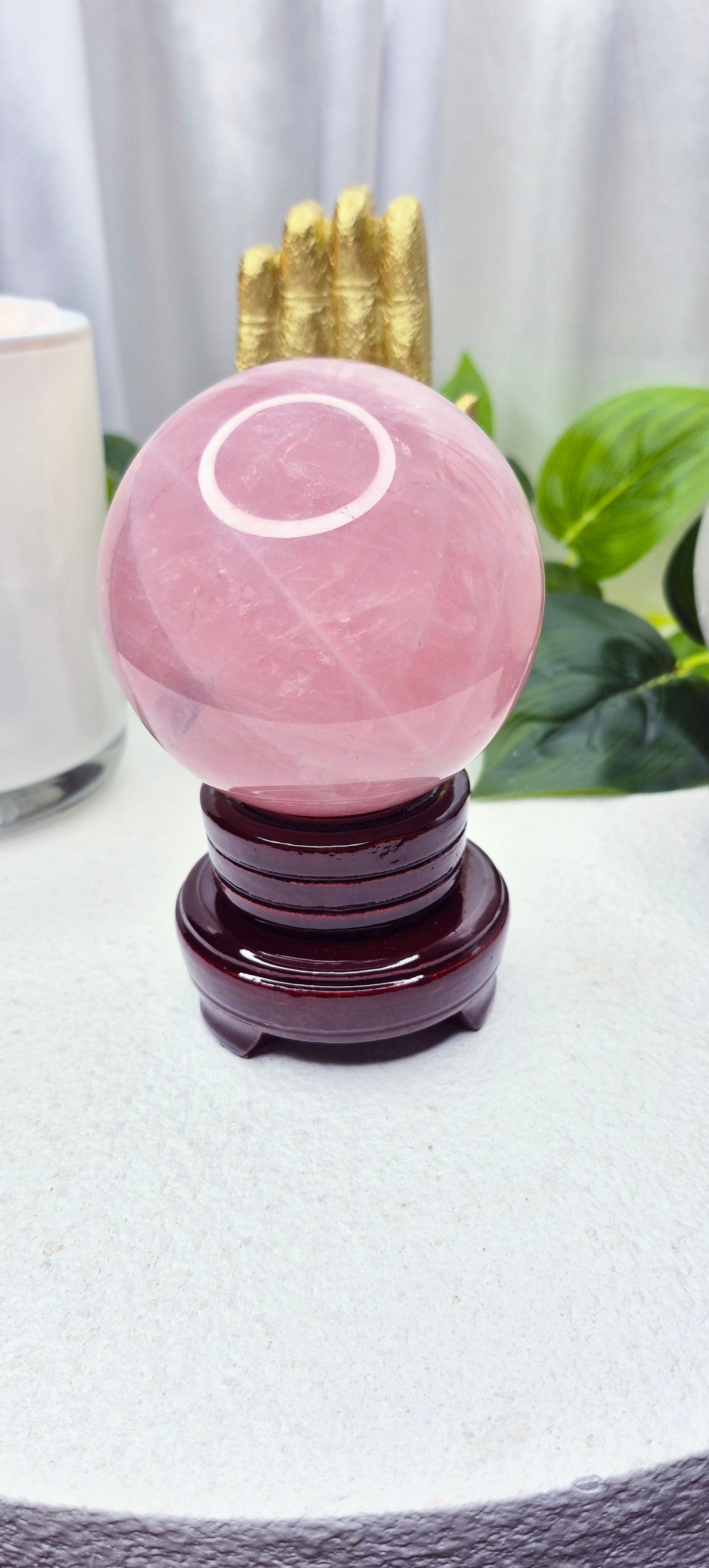 A Grade Rose Quartz Sphere on Wooden Stand