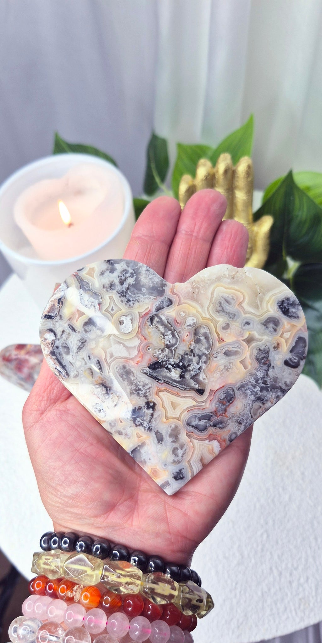Large Lace Agate Heart Carving on Stand