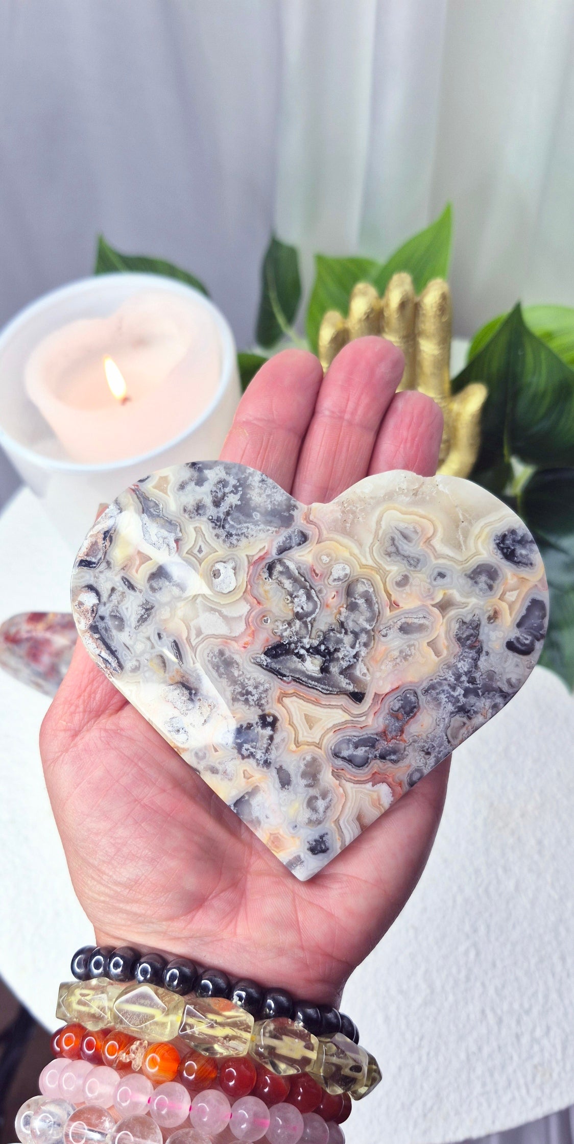 Large Lace Agate Heart Carving on Stand