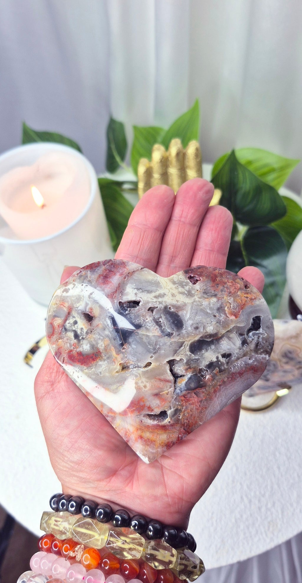 Large Lace Agate Heart Carving on Stand