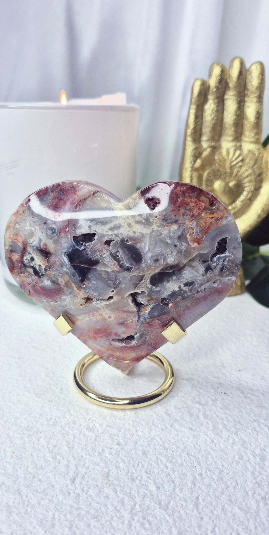 Large Lace Agate Heart Carving on Stand