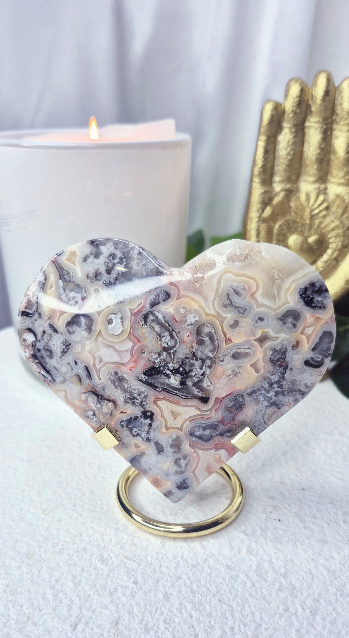 Large Lace Agate Heart Carving on Stand
