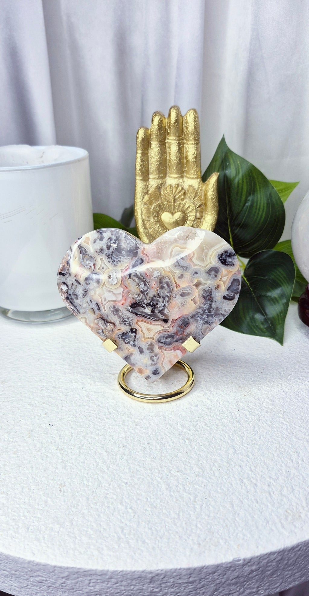Large Lace Agate Heart Carving on Stand