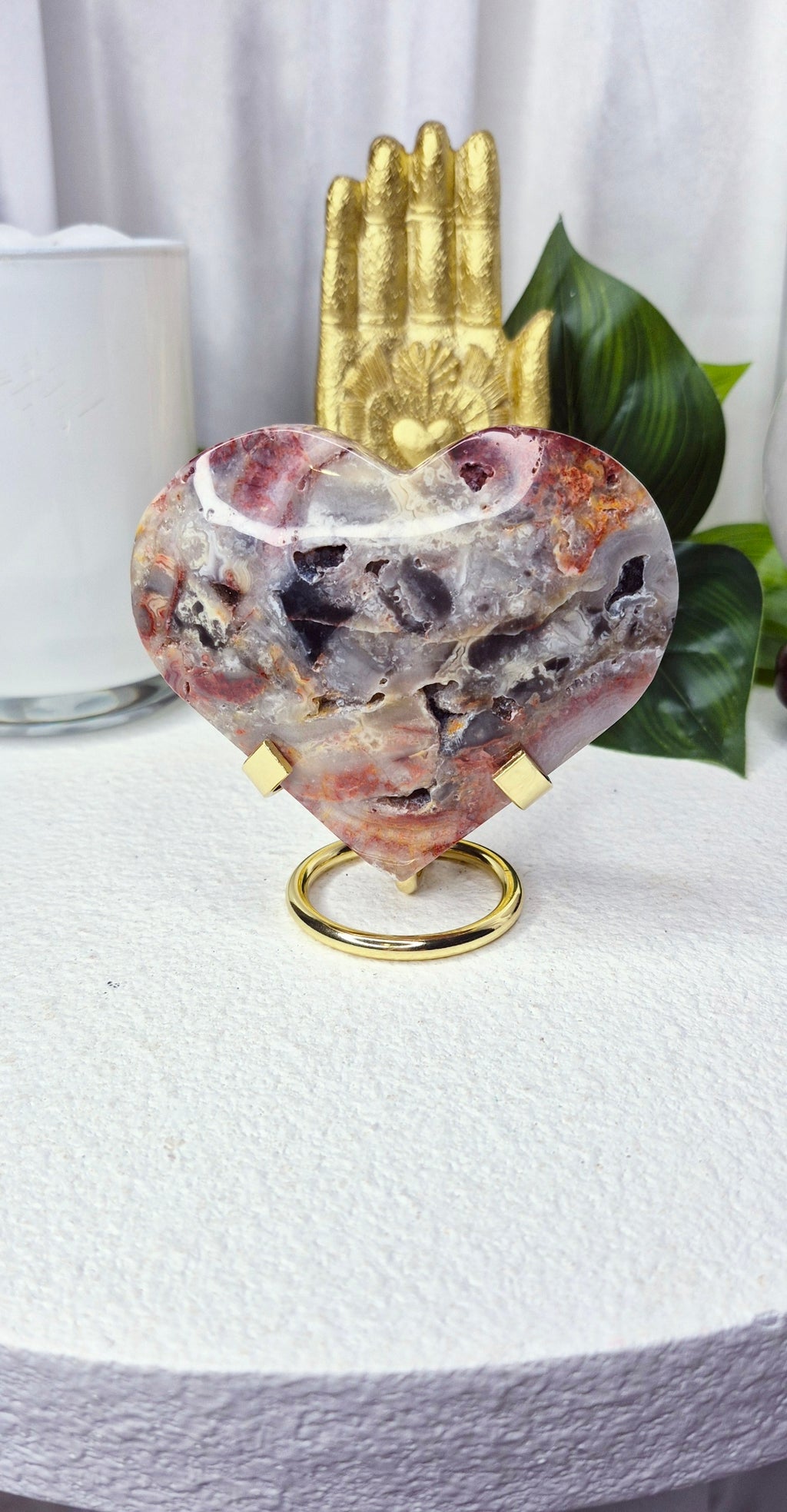 Large Lace Agate Heart Carving on Stand